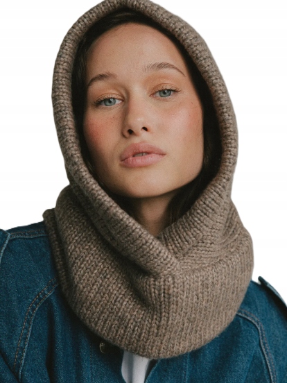 Béžový Módní vlněný nákrčník kukla balaclava kapuce Merino Loman Cacatva