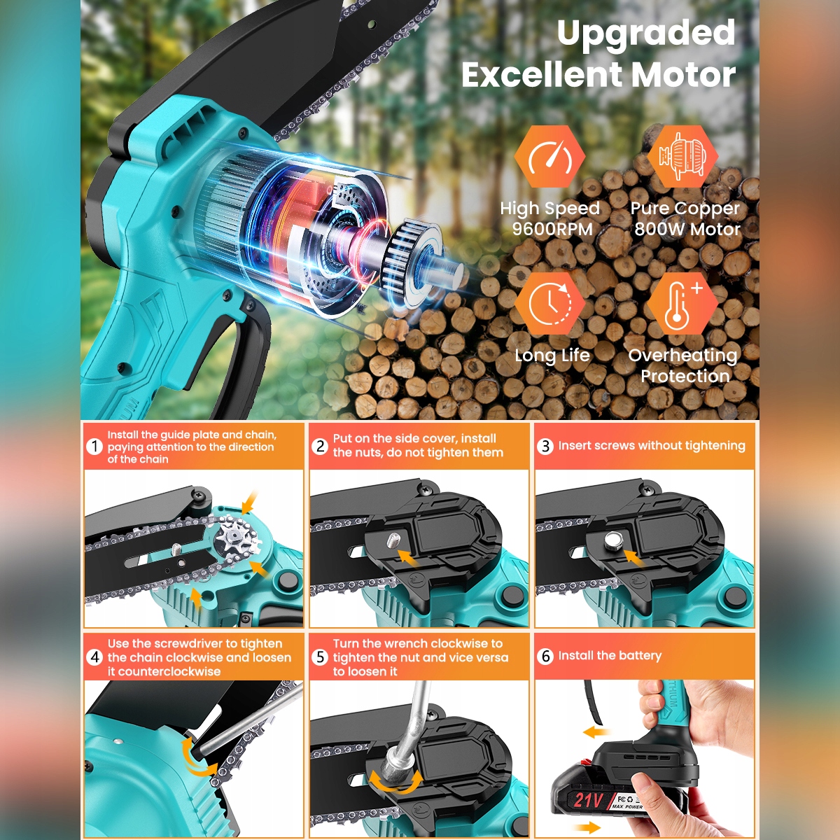 PIŁA łańcuchowa AKUMULATOROWA 6" pilarka BEZSZCZOTKOWA Smarowanie łańcucha Waga urządzenia 2.4 kg