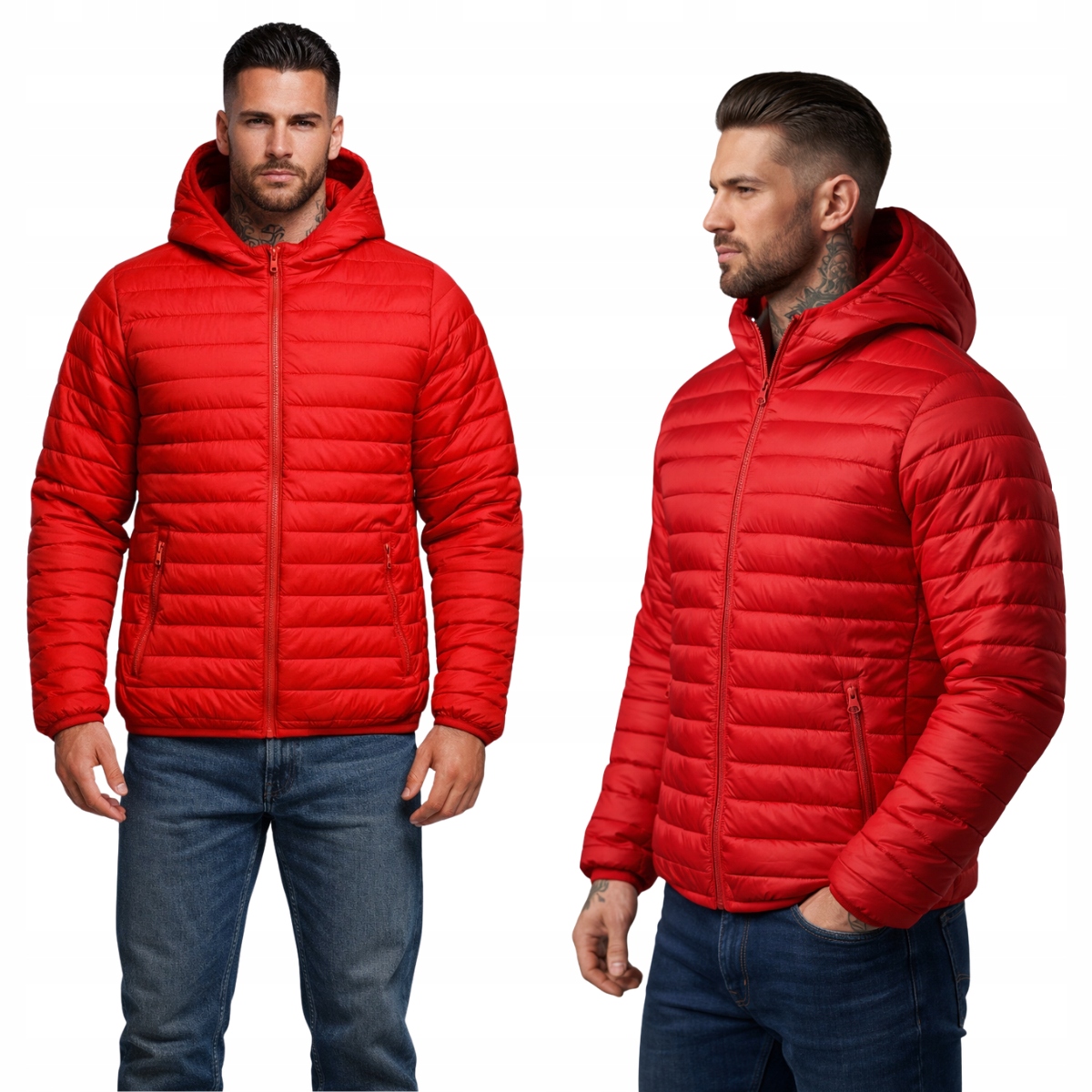 Kurtka Męska Wiosenna Czerowna Pikowana Intensywny Kolor Kaptur L