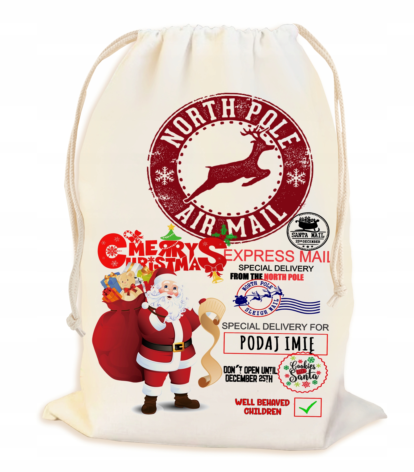 PEROSNALIZOWANY WOREK NA ŚWIĄTECZNY PREZENT POD CHOINKĘ Z IMIENIEM 23*34CM