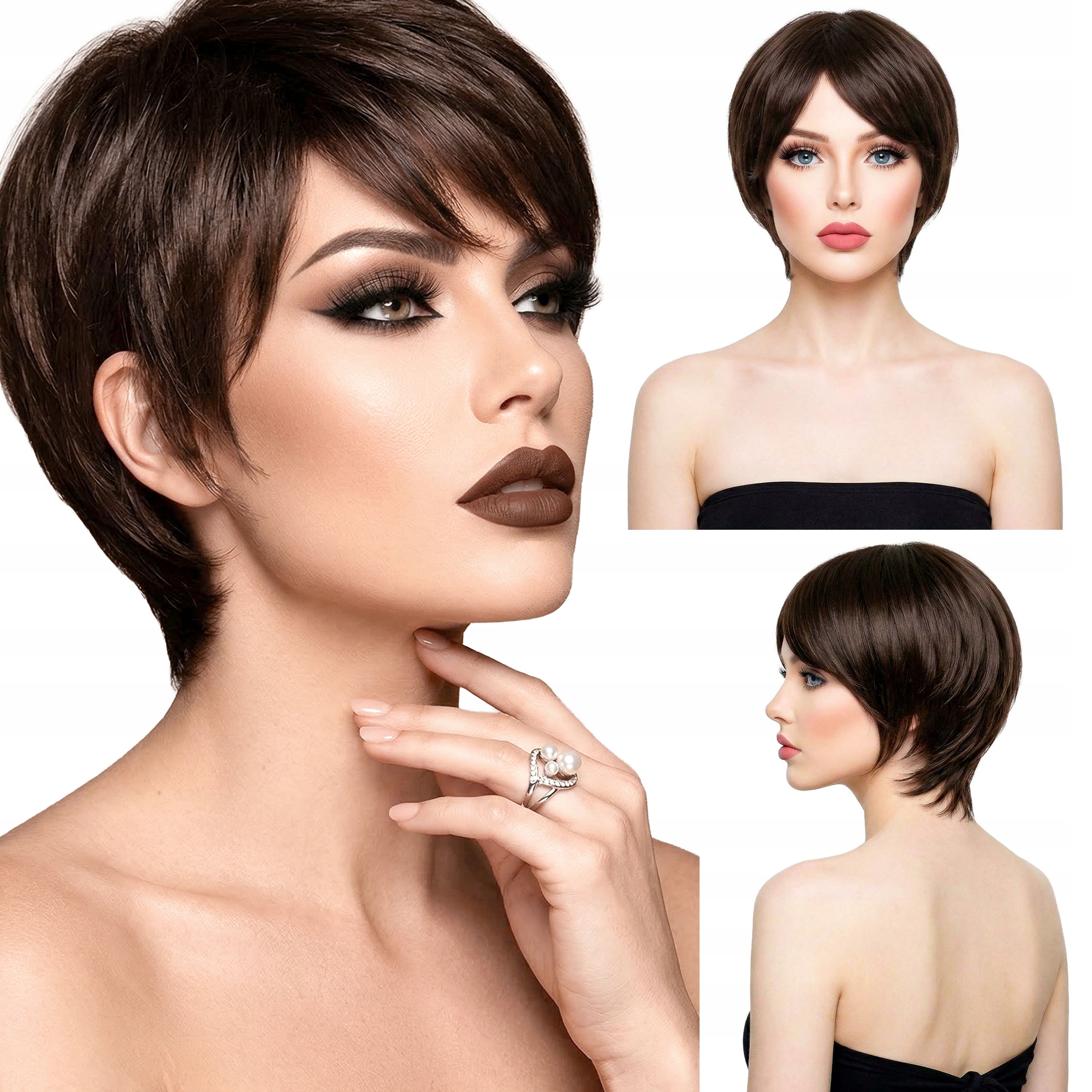 Syntetická paruka s umělými vlasy Pixie cut krátká stínovaná hnědá