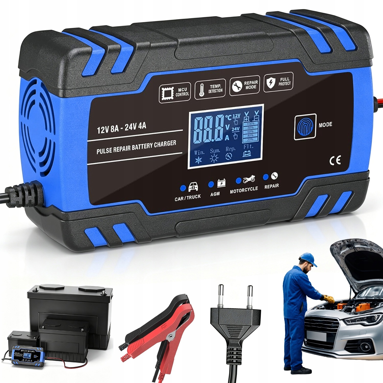 Prostownik Samochodowy 12V 24V 8A LCD Dwa Tryby Do Kosiarki Skutera I Łodzi