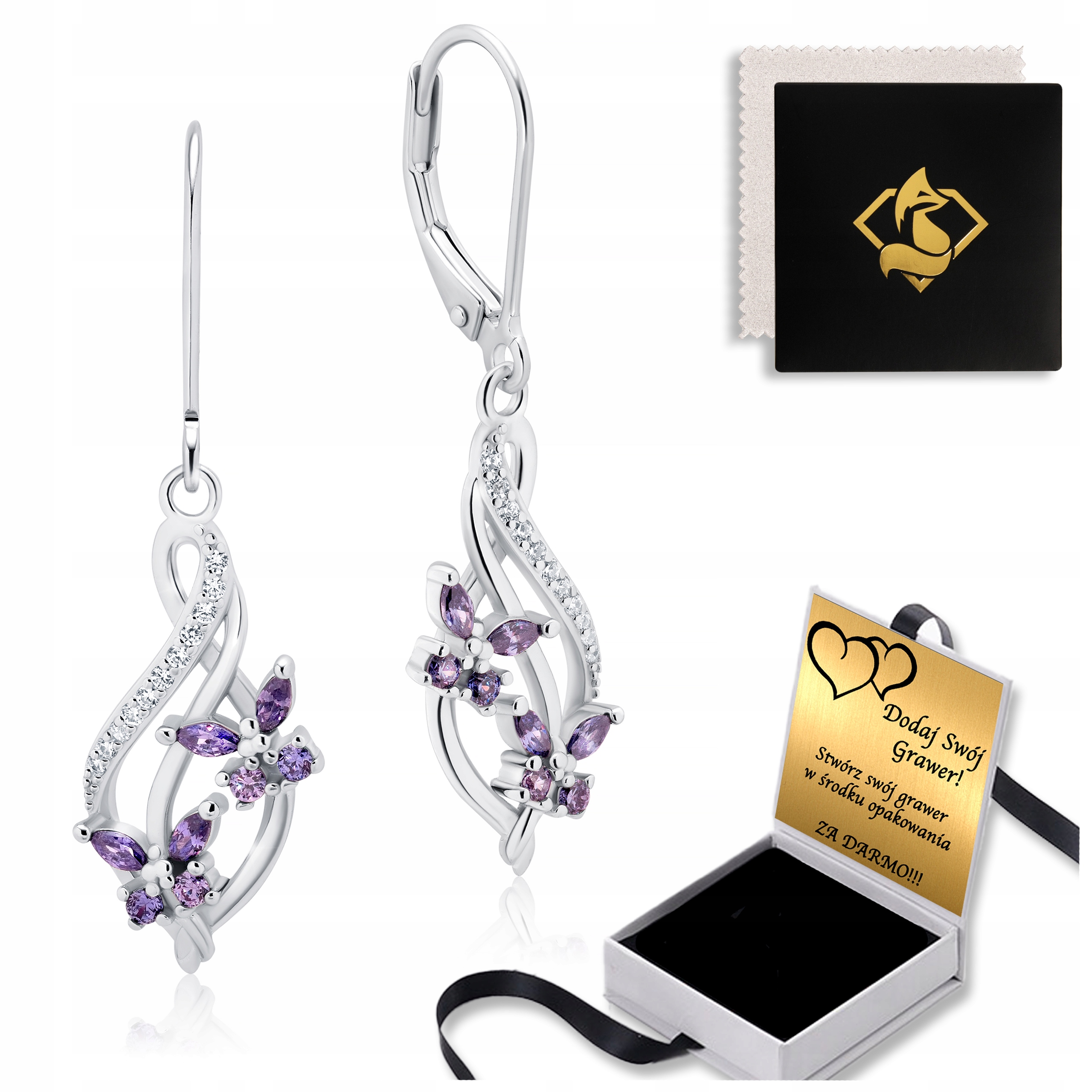 Kolczyki Srebrne Wiszące Srebro 925 z Cyrkoniami dla Żony Grawer