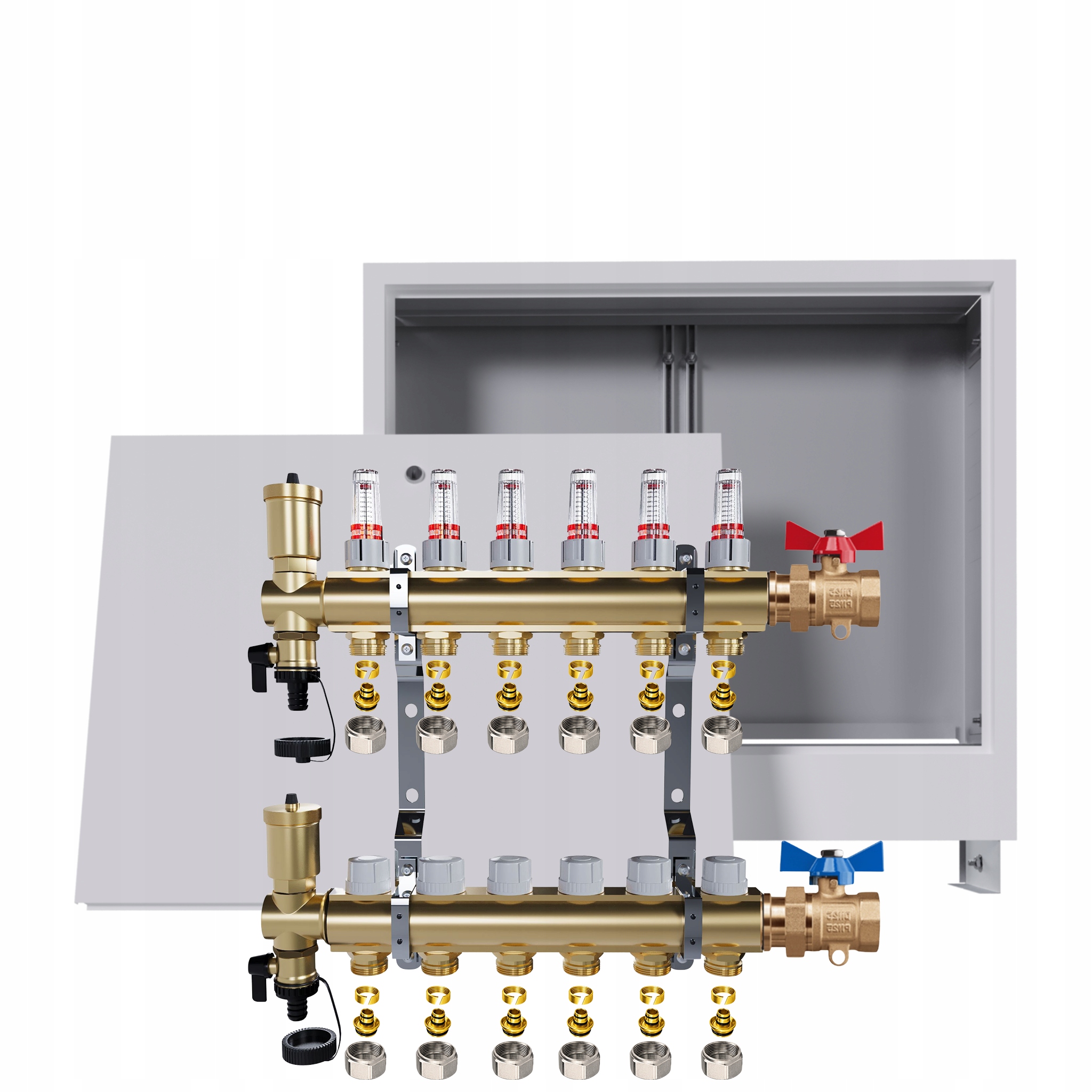 Rozdělovač podlah Mosazný 6 okruhů Podomítková skříň Ventily Pex