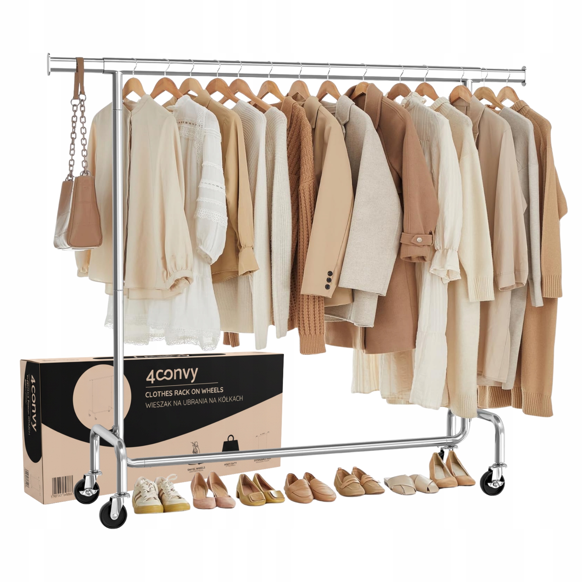4CONVY Věšák na oblečení na kolečkách Stojan kovový stříbrný výsuvný velký