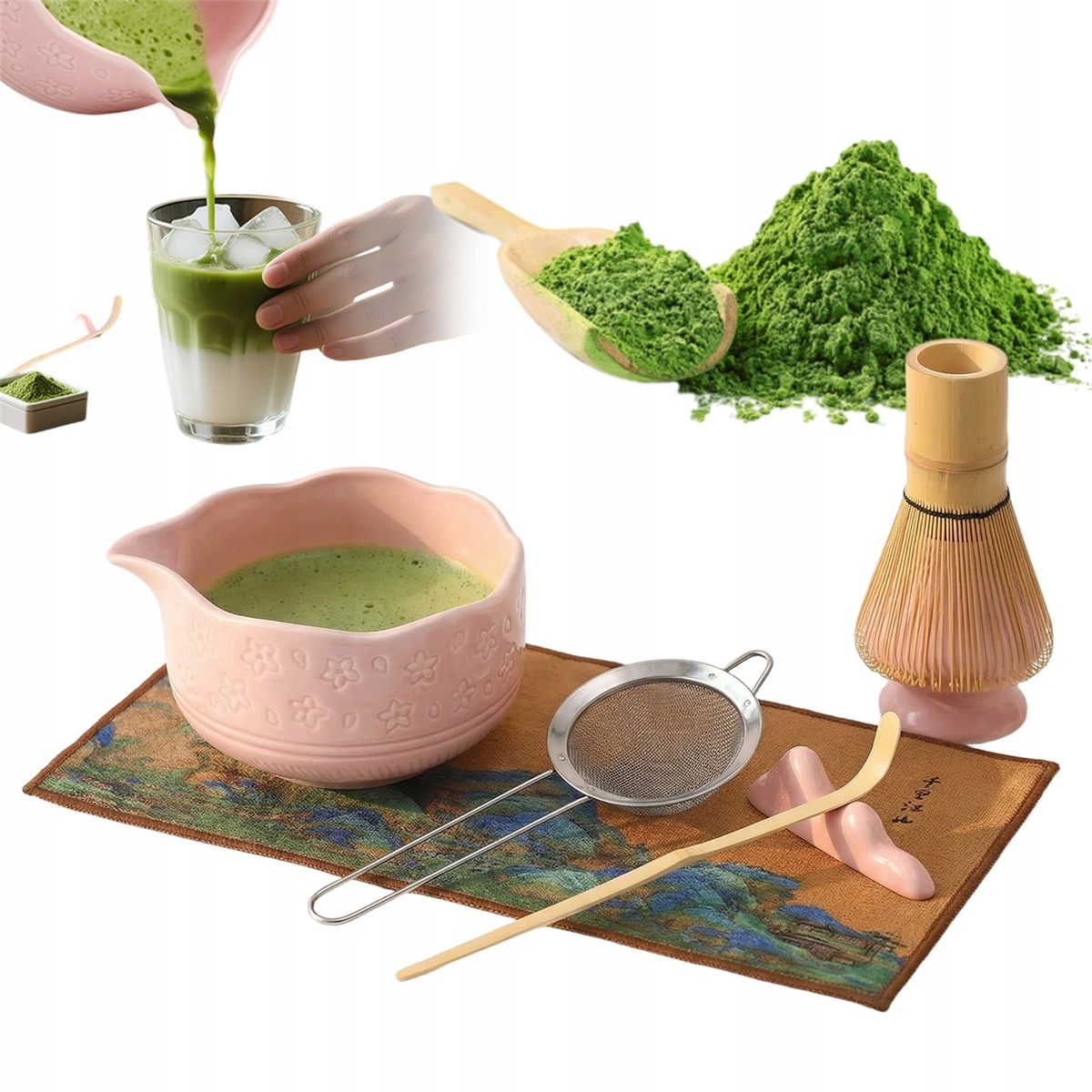 Różowy Zestaw Do Matcha Z Trzepaczką Bambusową Miską Łyżką I Sitkiem
