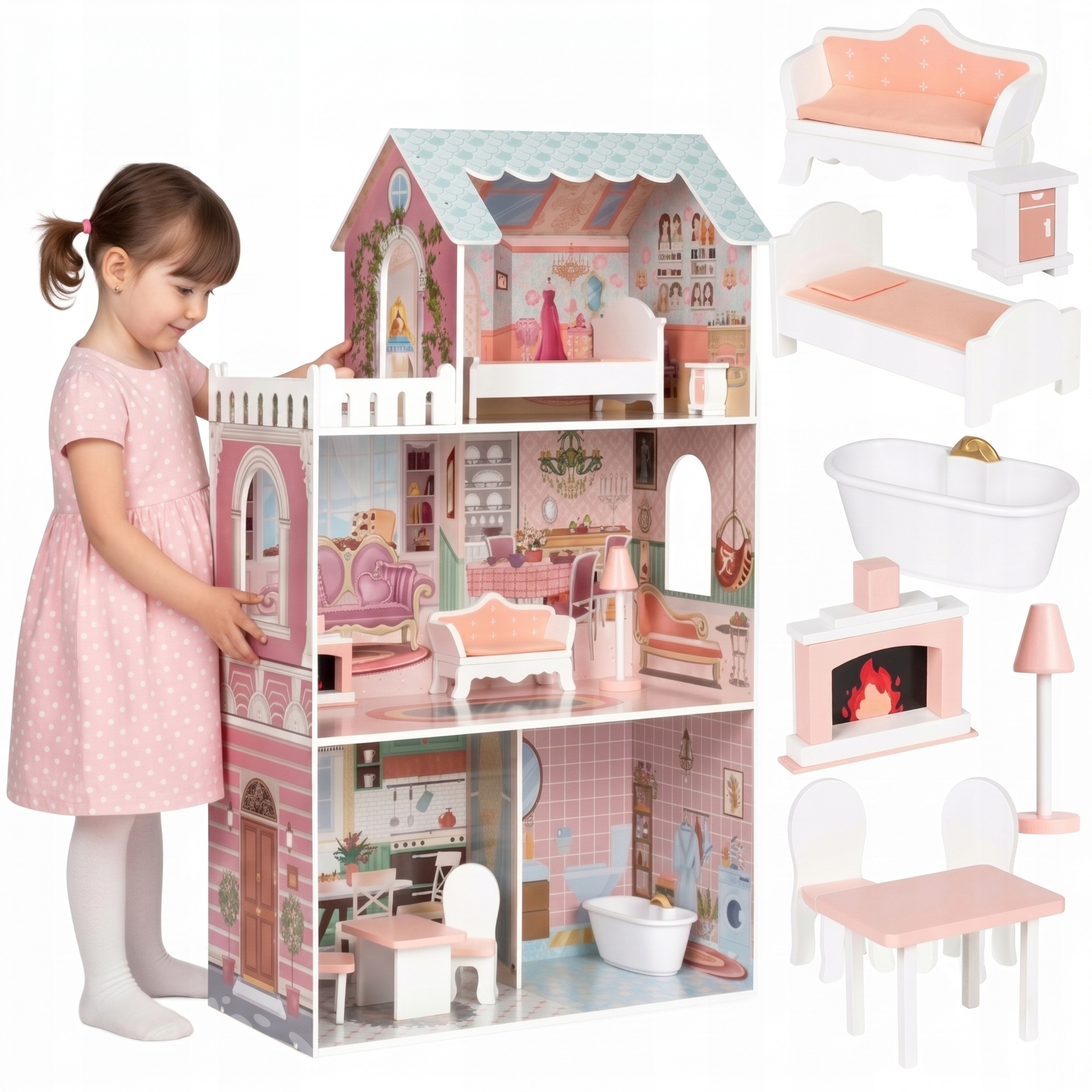 Duży Domek Dla Lalek Z Kompletem Mebelków XXL Drewniany 106cm 3 Poziomy