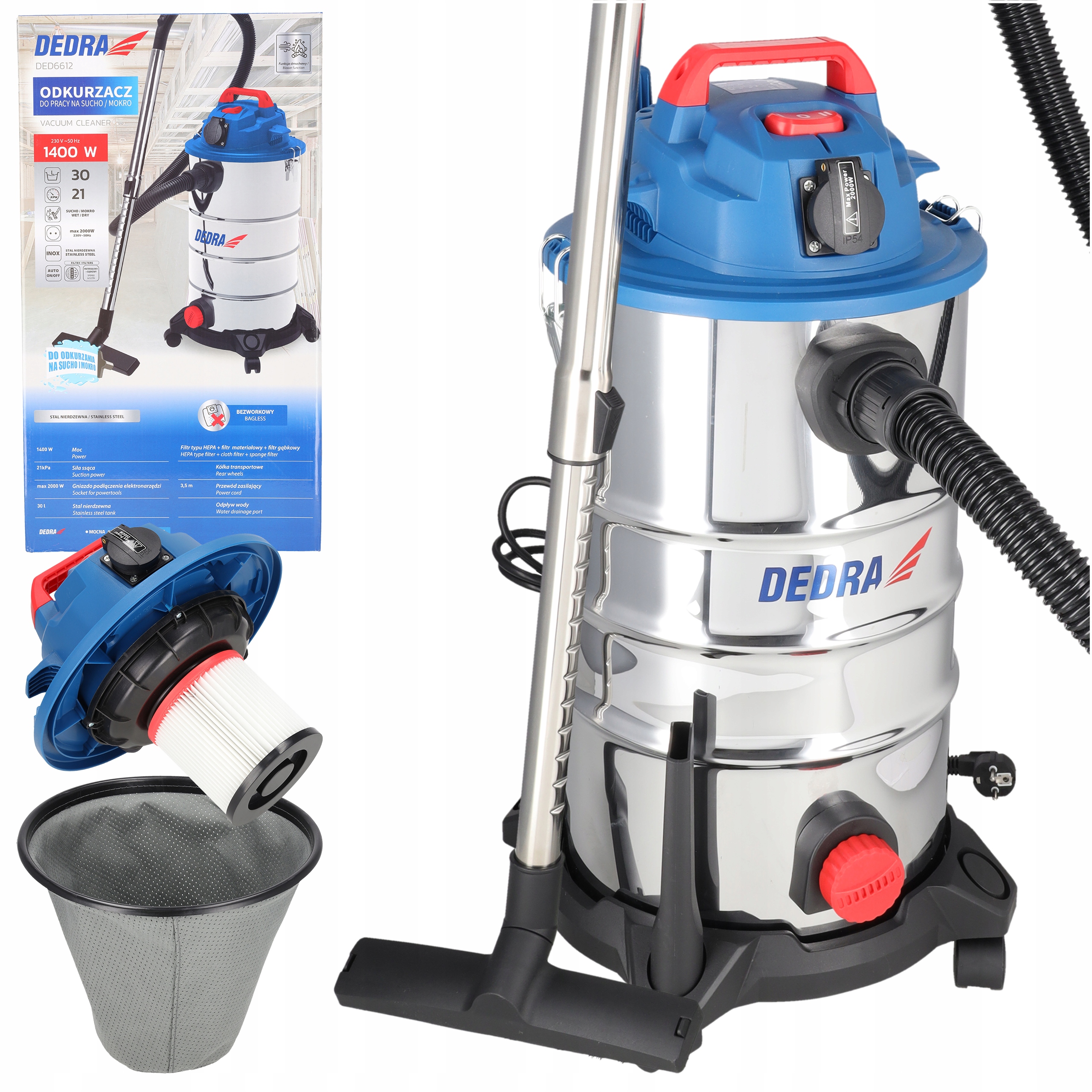 Bezworkowy odkurzacz Dedra Sucho Mokro Dmuchawa 1400W 30L Gniazdo el. Filtr