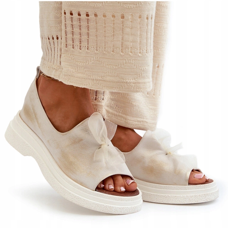 Zazoo 2939 Dámské Kožené Sandály S Mašličkou, Nazouvací, Zlaté, Přetíratelné, 40