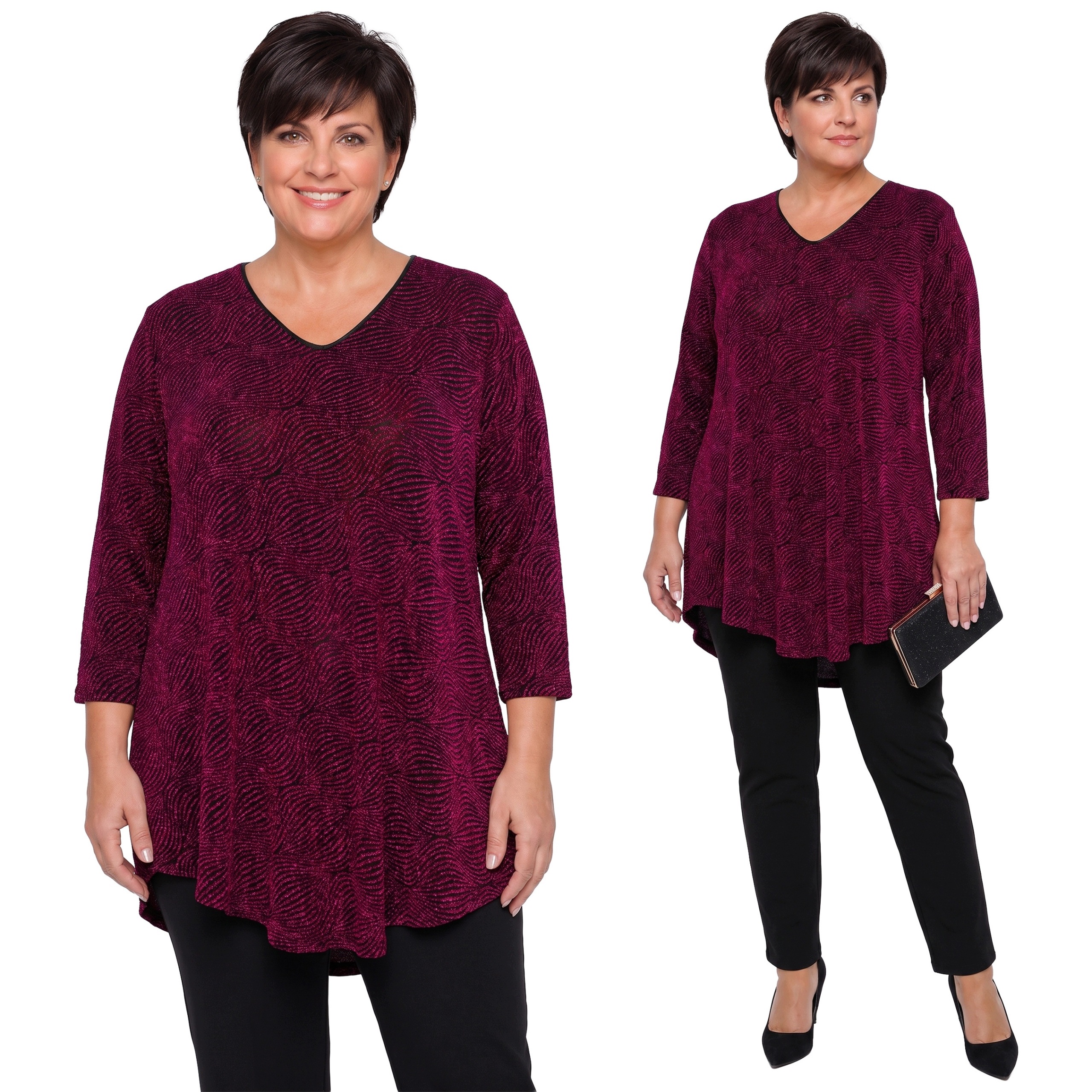 Růžová tunika z měkkého lesklého materiálu plus size velikost 52/54