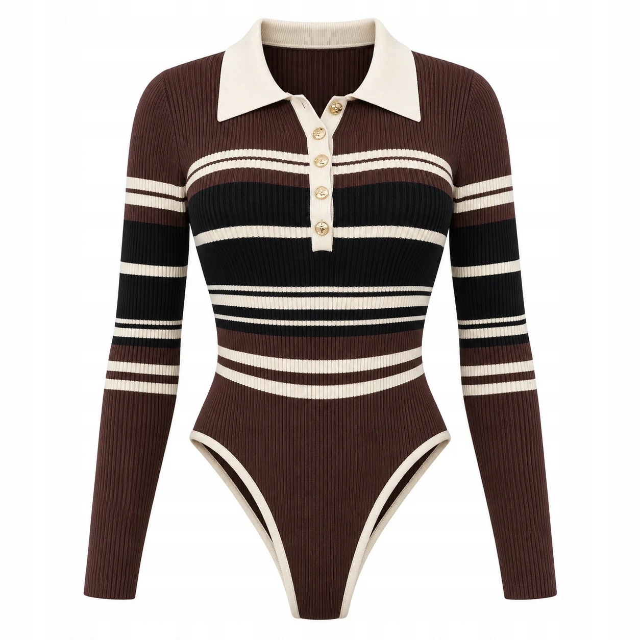 [vel. univerzální] Dámské pruhované polo body s knoflíky, hnědé