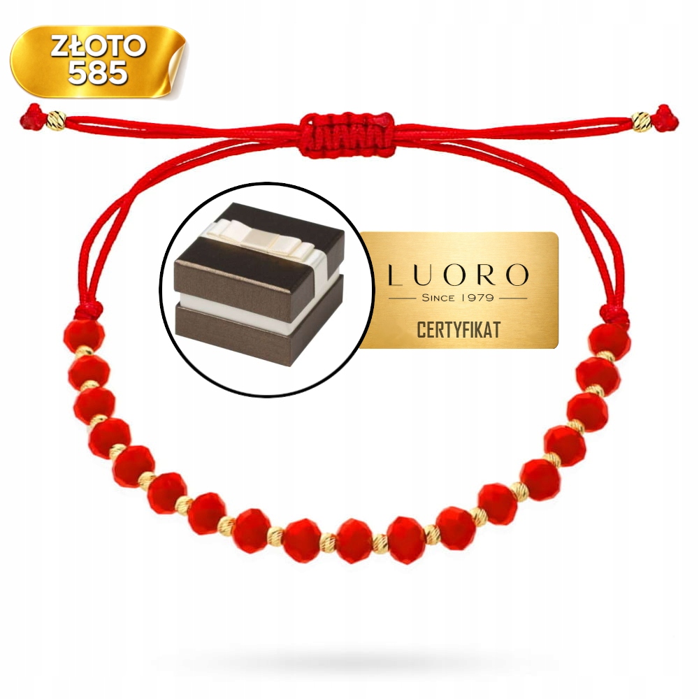 Náramek Zlatý 585 14K Diamantové Kuličky Červené Kameny Nastavitelný 1