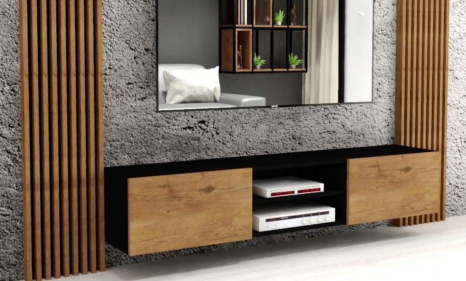 SZAFKA RTV POD TELEWIZOR 180cm CZARNY MAT/DĄB LANCELOT PÓŁKA STOLIK KOMODA