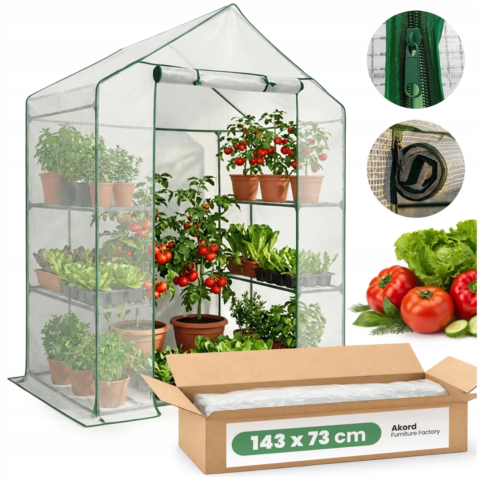 Fóliový skleník domeček s policemi 143x73x195 cm bílý, Uv rolovací dveře