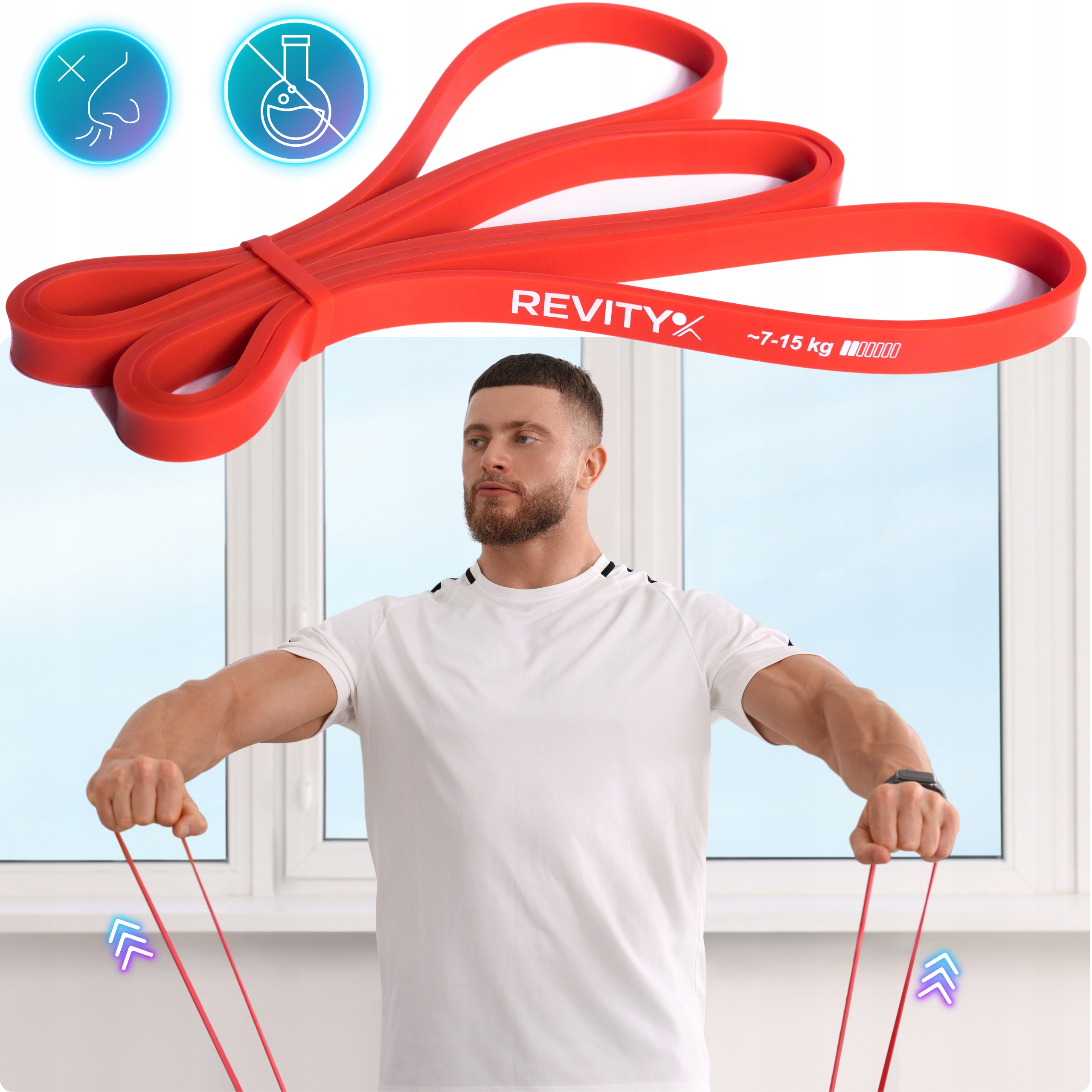 TAŚMA GUMA OPOROWA DO ĆWICZEŃ FITNESS CROSSFIT REHABILITACJI CZERWONA Model Power Bands Taśma Czerwona 7-16 kg