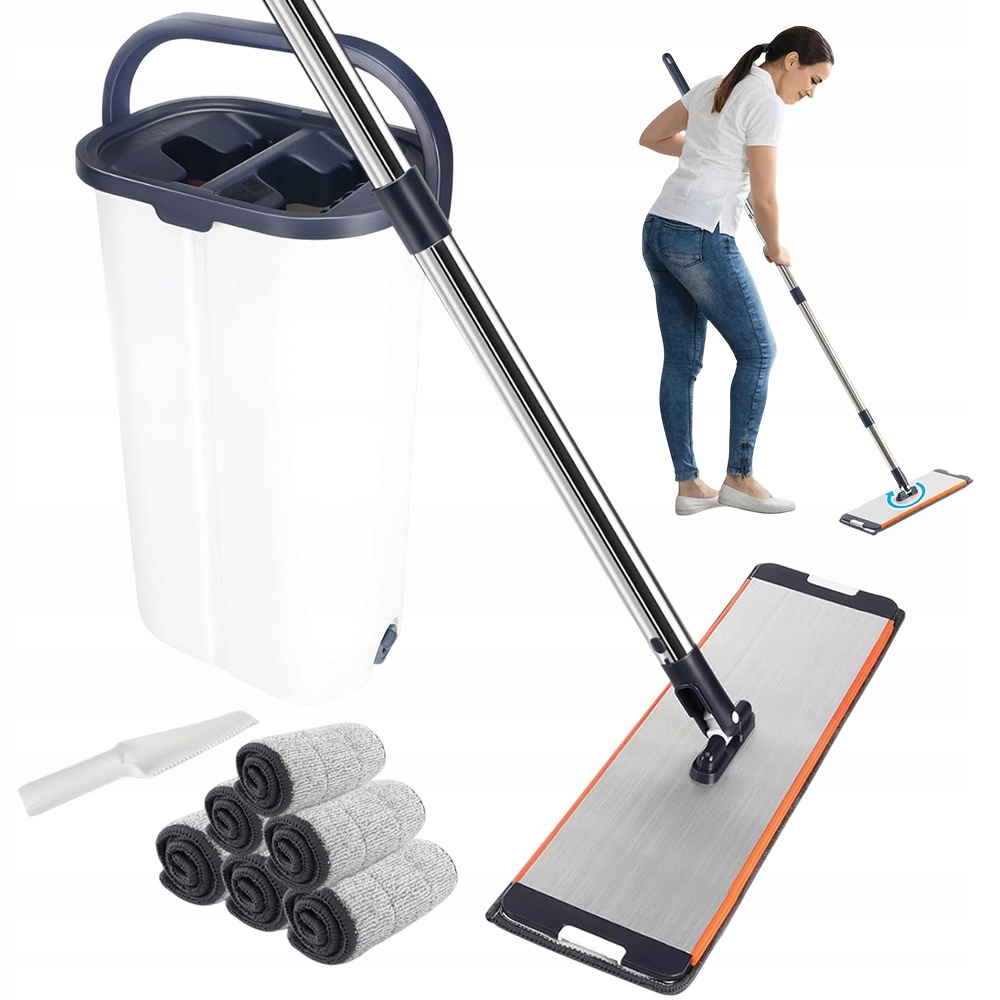 Levně Plochý Mop S Dvoukomorovým Kbelíkem A 6 Utěrkami Z Mikrovlákna, Bílý