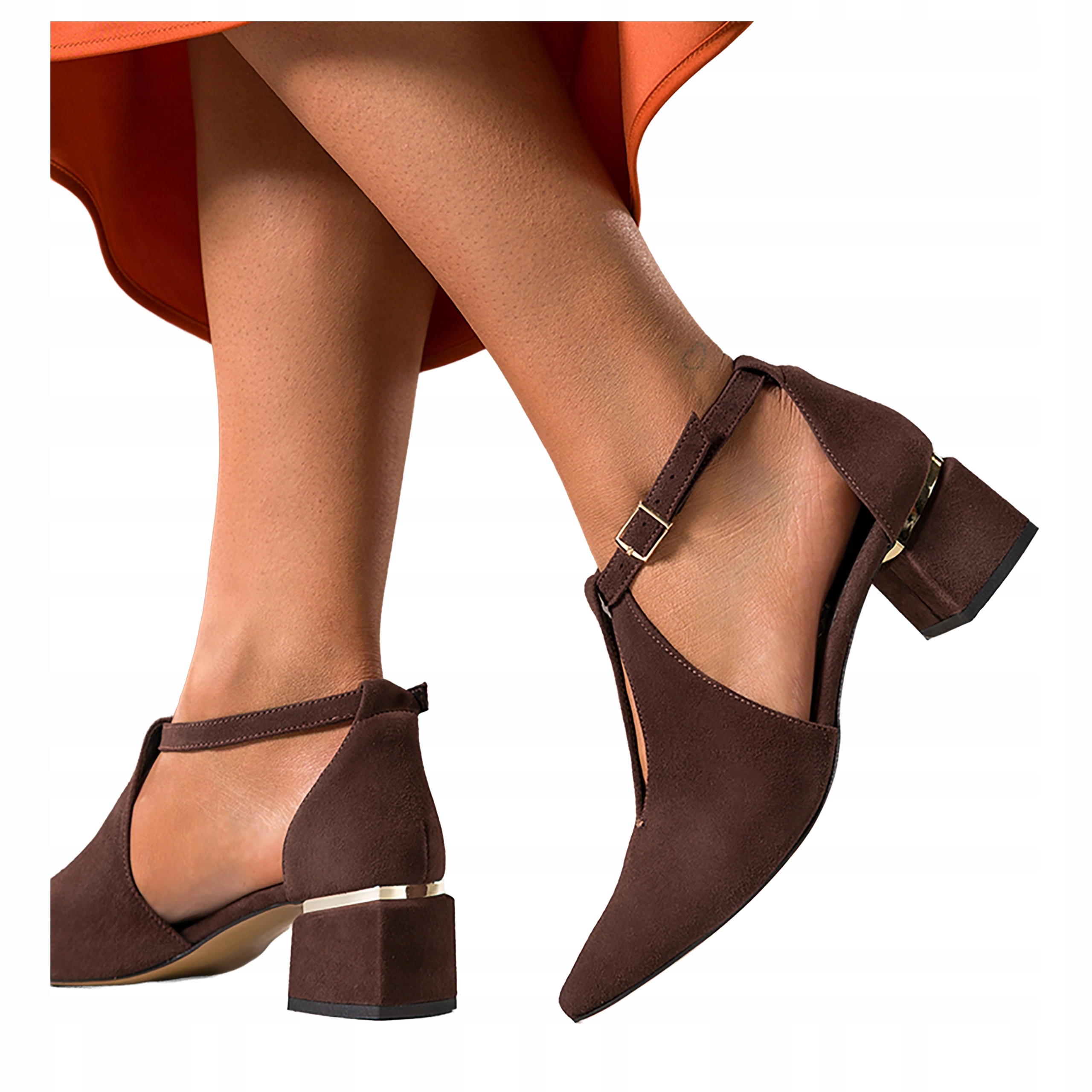 Čokoládové Lodičky Dámské Módní Ozdobné Klocek Kožené Polské r 39