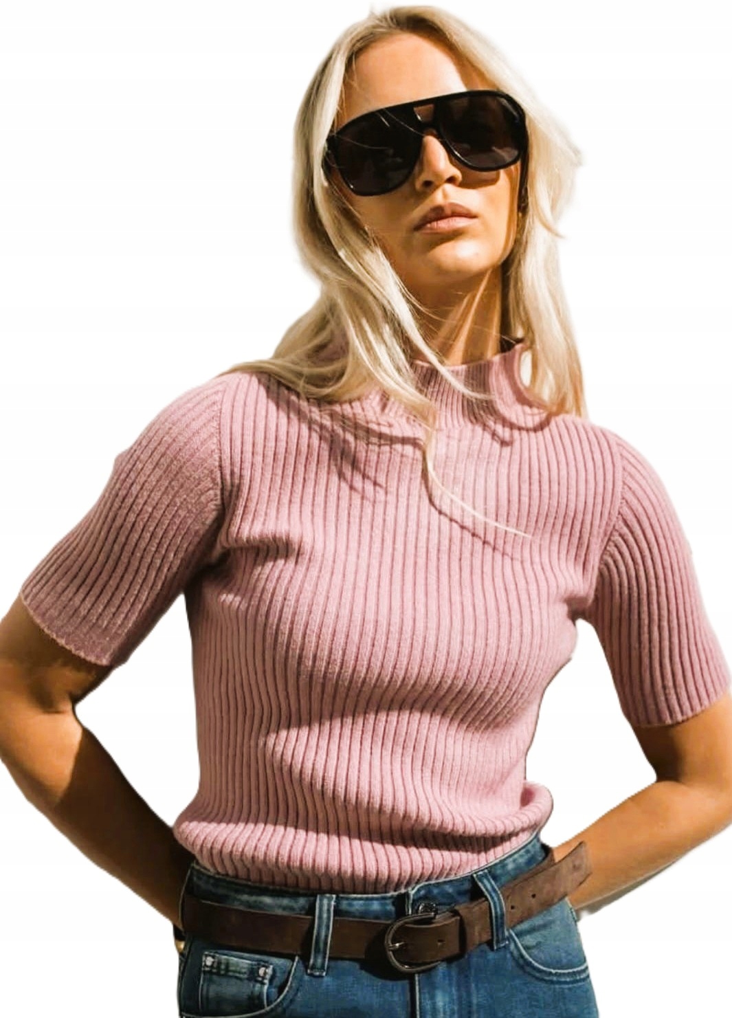 Lemonada Svetr Žebrovaná pologolfová halenka s krátkým rukávem Růžová