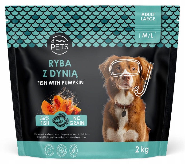 Levně WOW!Pets Bez obilovin, Monoproteinová Ryba Dýně 2 kg Krmivo Dospělý pes plemeno M/L