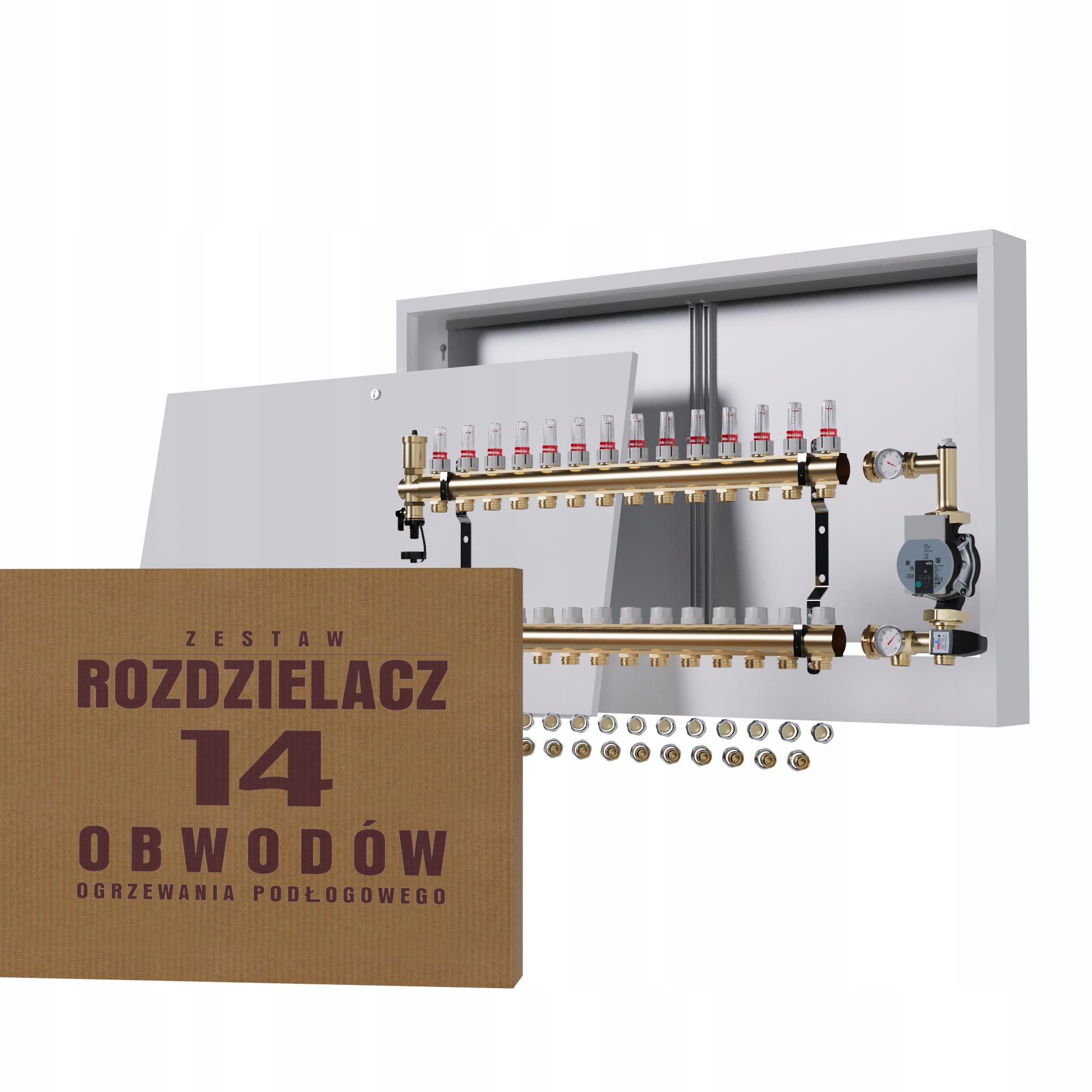 Rozdělovač pro podlahu 14 podlahových topení, nástěnná skříňka Pex