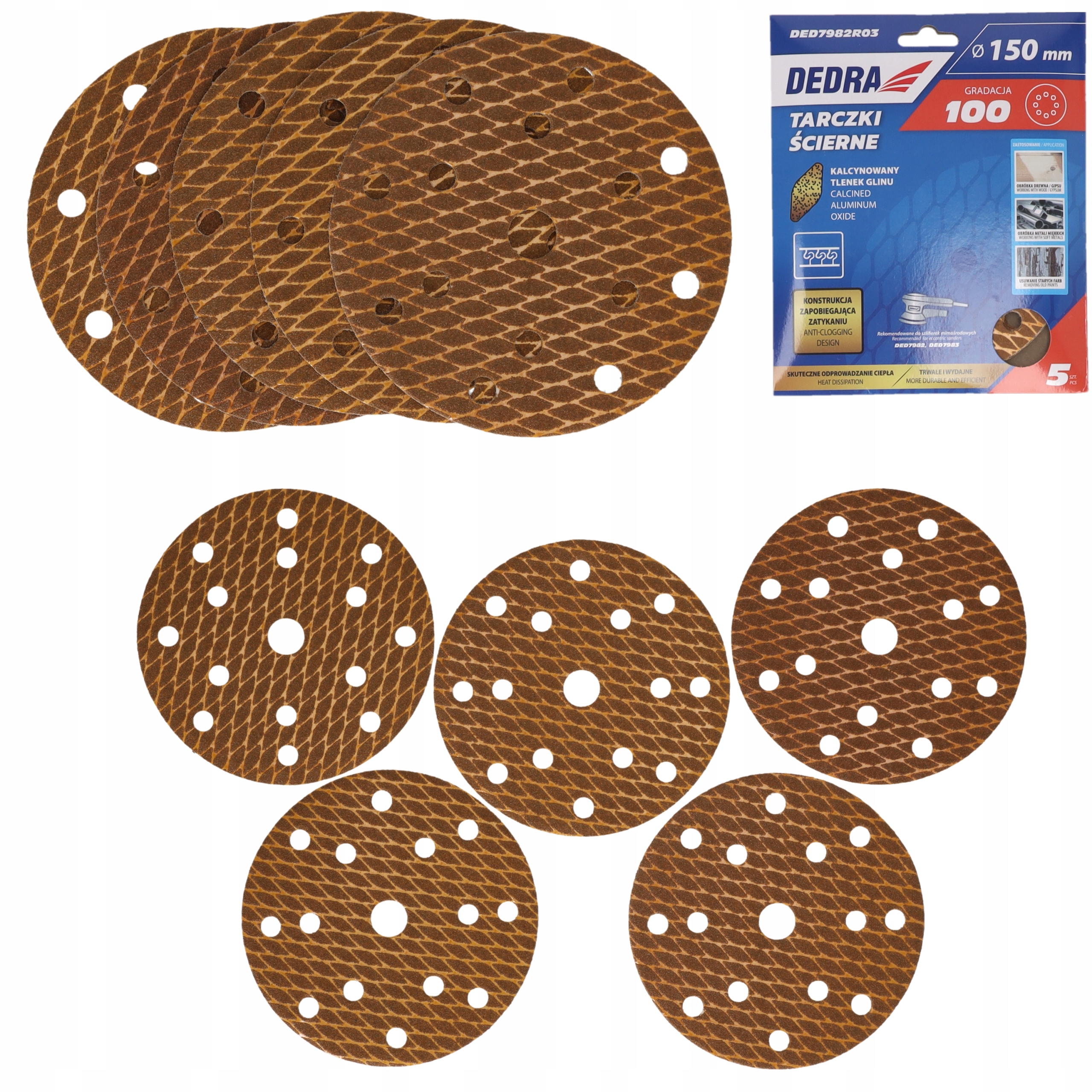 Krążki ścierne 150mm P100 Dedra szlifierki mimośrodowej Papier Tarcze 5szt