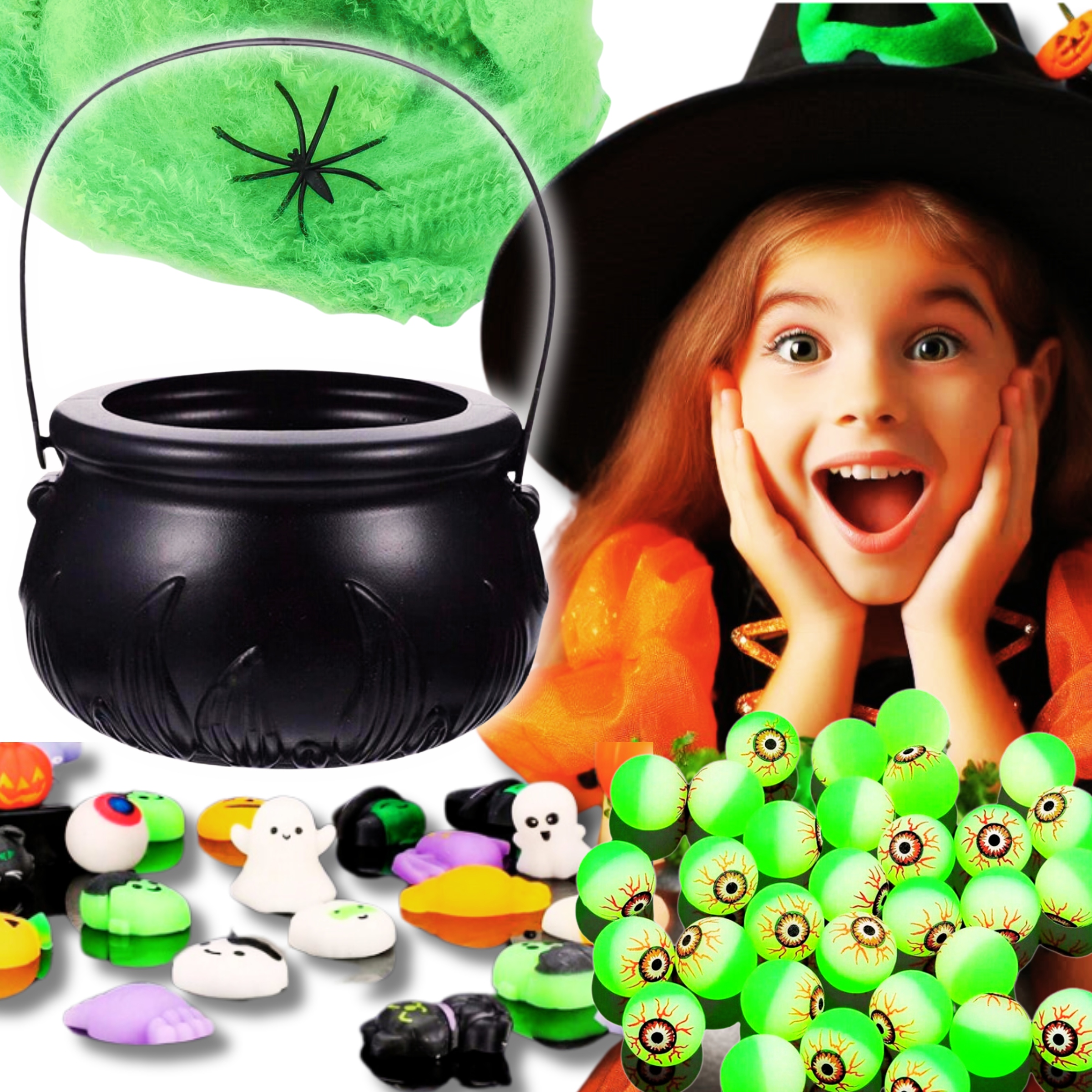 KOCIOŁEK KOSZ NA SŁODYCZE Z 23 AKCESORIAMI GNIOTKI PIŁKI OCZY PAJĘCZYNA 24H
