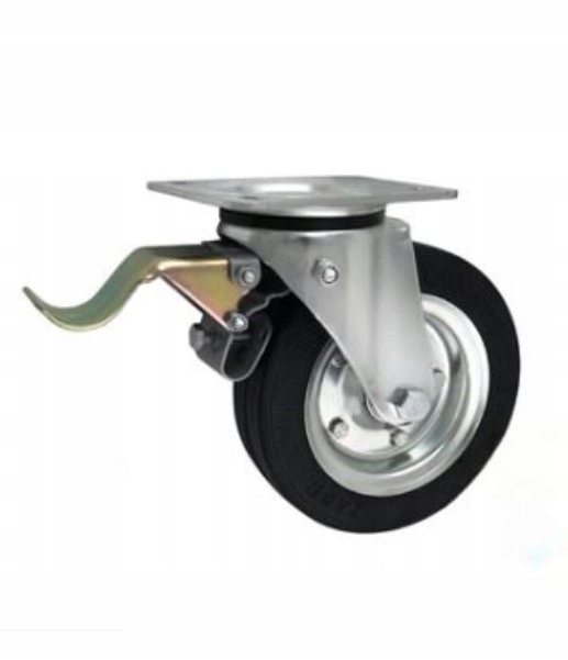 Kovovo-gumové kolo o průměru 180 mm, v otočném pouzdře, s brzdou.