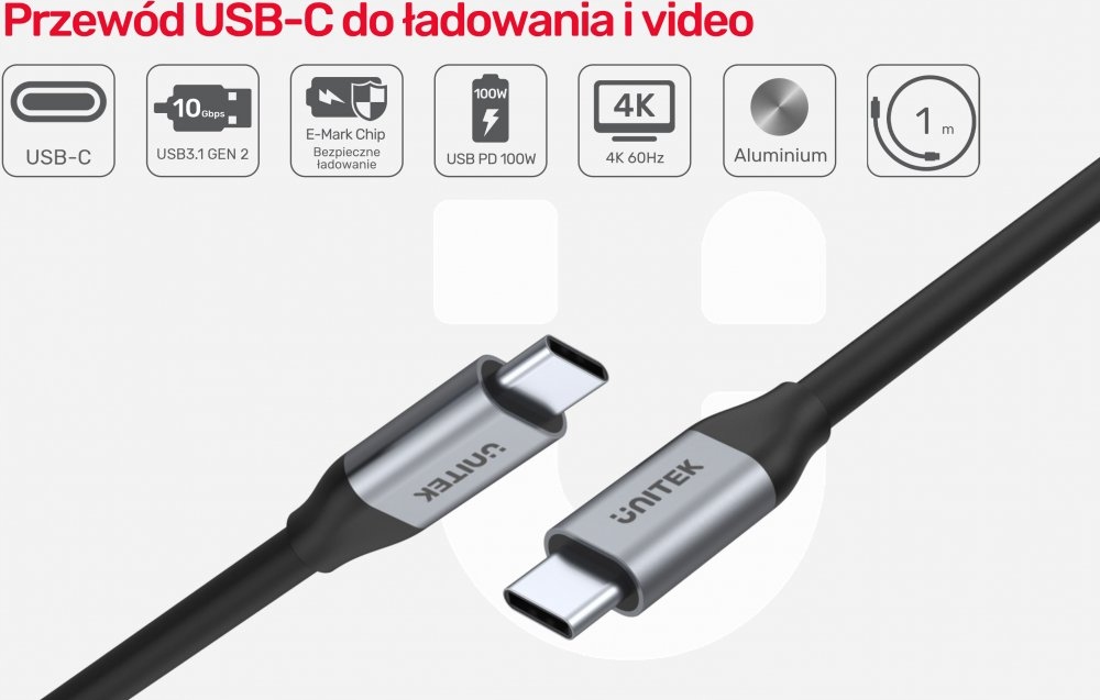 Kabel Przewód Unitek USB-C na USB-C 10Gbps 4K 60Hz 20V/5A 100W Stan opakowania oryginalne