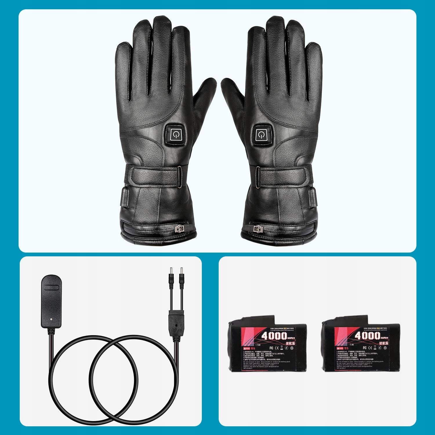 Rękawice Grzewne na Rower i Motocykl - Skórzane, Trzy Stopnie Temperatury Kolor czarny