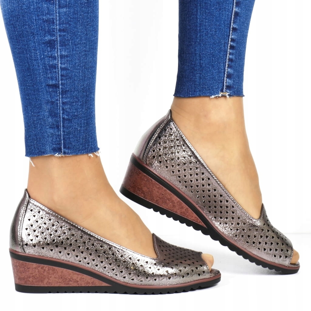 PÓŁBUTY NA KOTURNIE BUTY POTOCKI PEWTER SRERNE AŻUROWE ODKRYTY PALEC MODNE Rozmiar 38