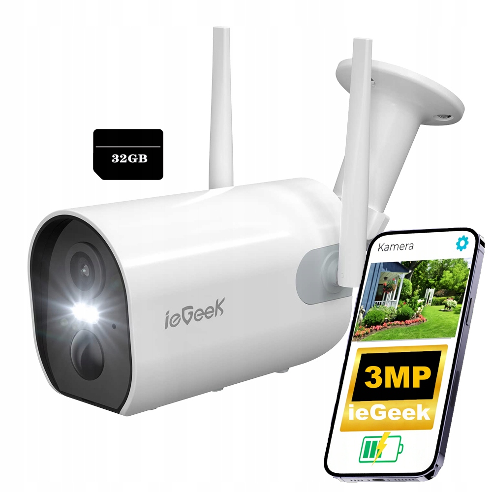 Bezdrátová 3Mpx kamera na baterie Wifi 2K s barevným nočním viděním a 32 Gb