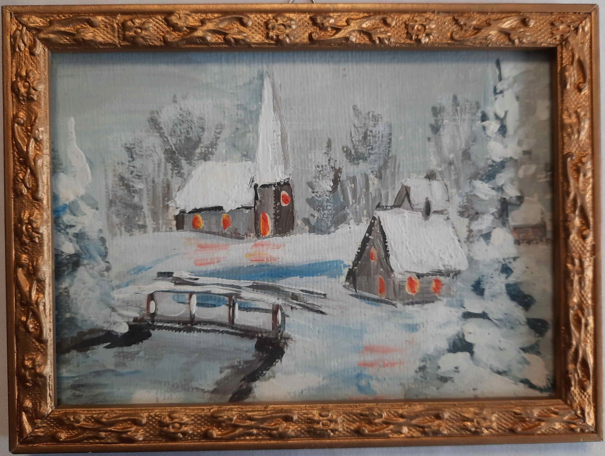 Zimowy Pejzaż Wiejski Kościółek Akwarela