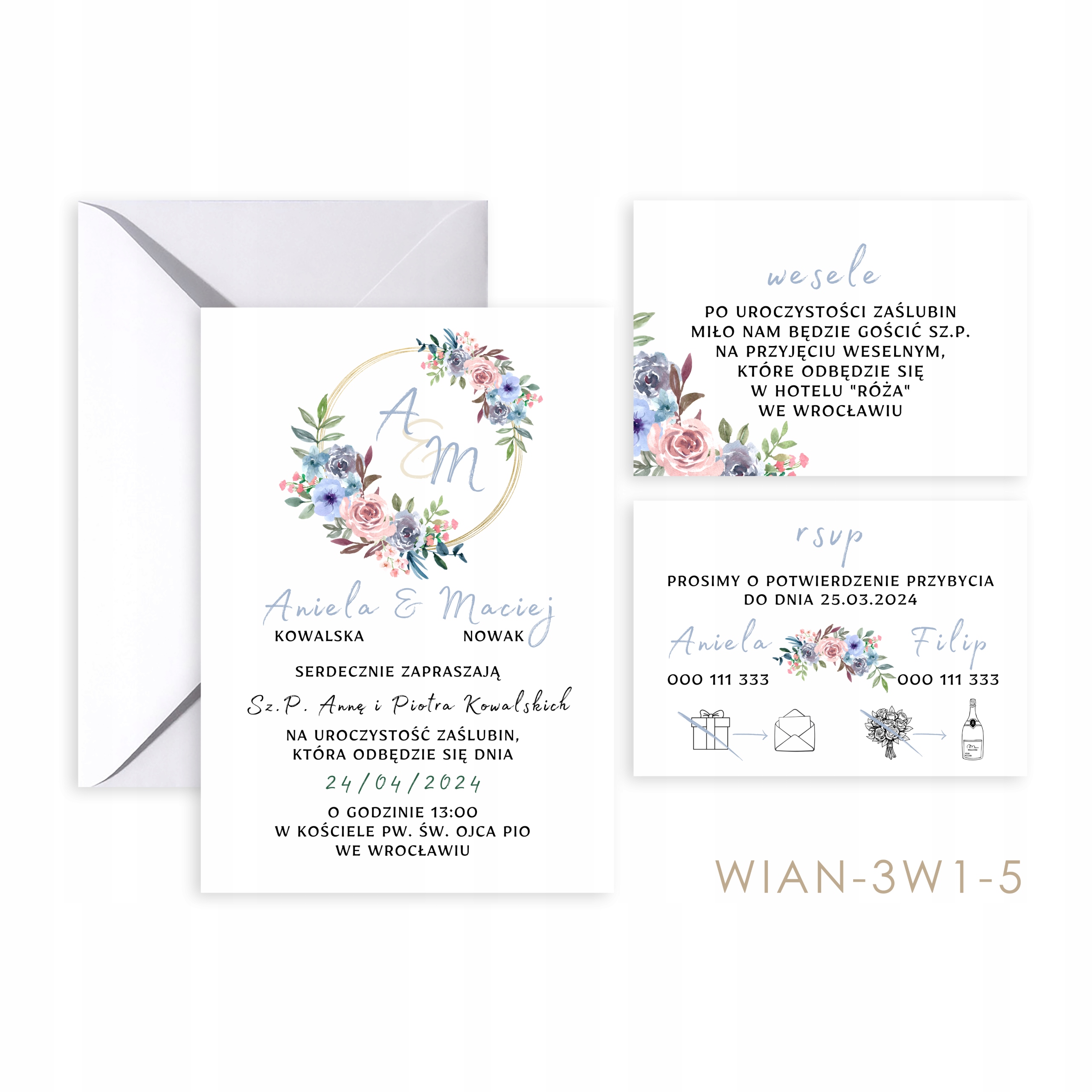 Zaproszenia Ślubne 3 w 1 WIANKI + koperta + gratis, WZORY Kolor dominujący wielokolorowy