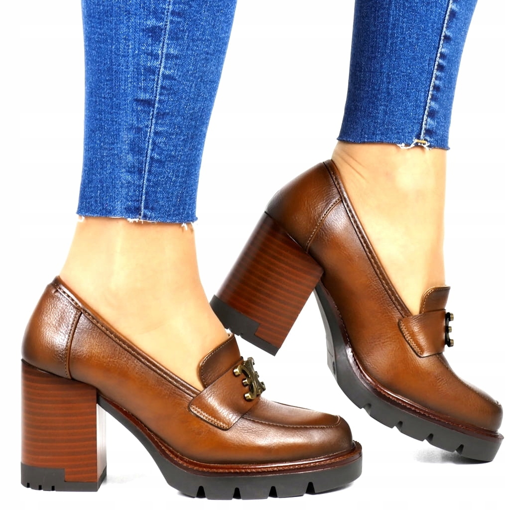 iButy DAMSKIE PÓŁBUTY MOKASYNY NA OBCASIE SŁUPKU Z OZDOBNĄ ZŁOTĄ KLAMRĄ