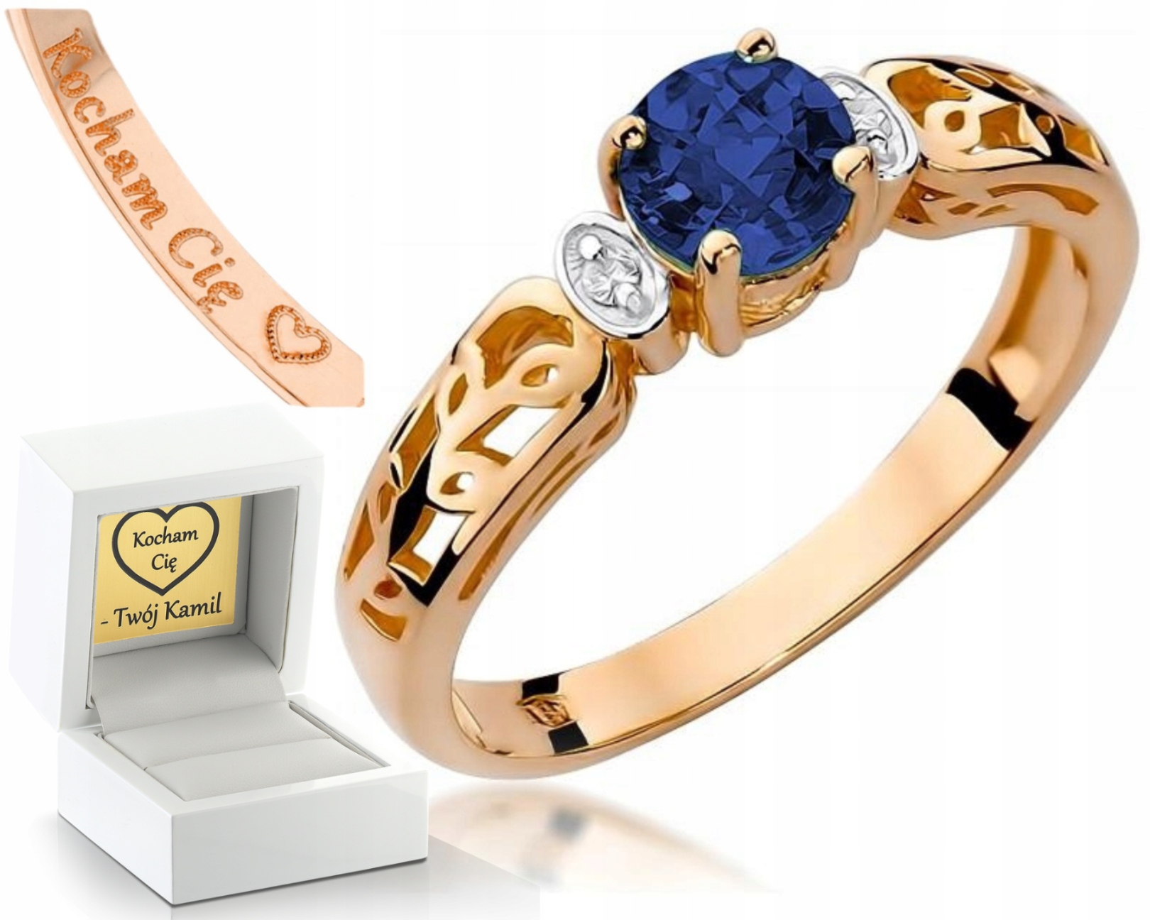 Prstýnek Safír Brilianty Růžové Zlato Gravírování