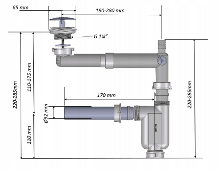 SYFON UMYWALKOWY OSZCZĘDZAJĄCY MIEJSCE SPUST CHROM Marka Akces