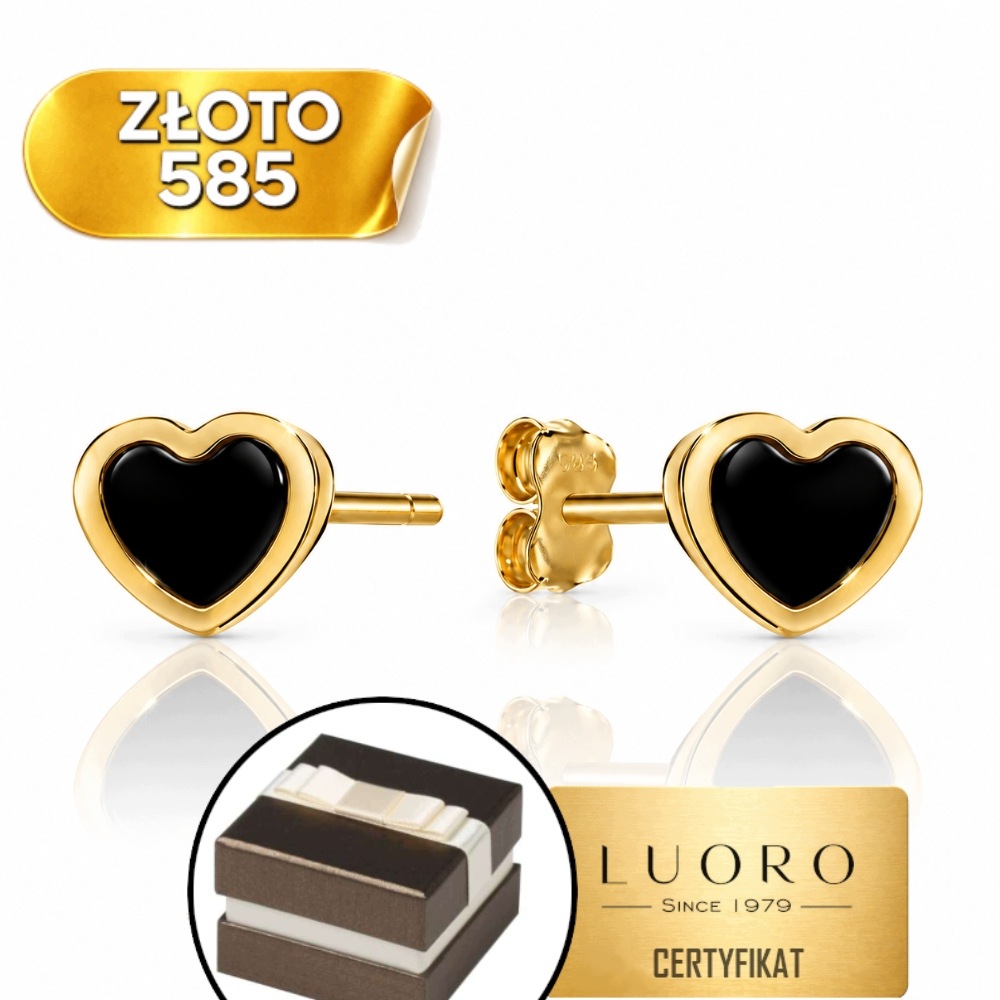Náušnice Zlaté 585 14K Srdce Onyx Tyčinka 6,4 MM Elegantní Dárek