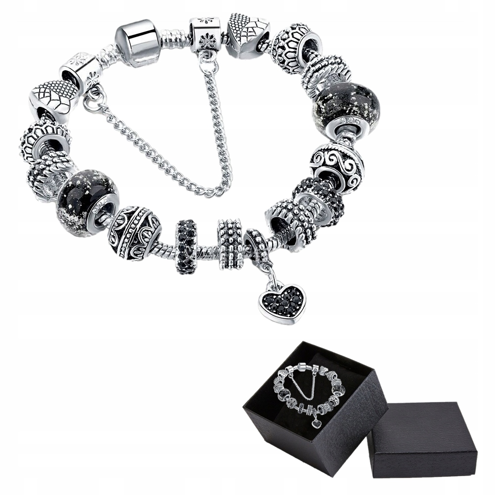 Stříbrný Modulární Náramek Černý Přívěsek Srdce Korálky Charms 18 cm Diy