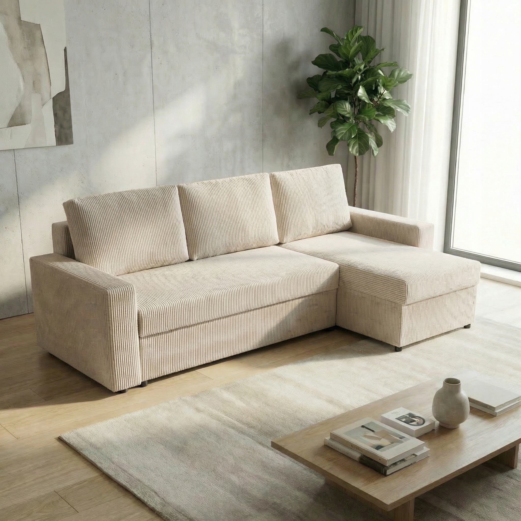 Moderní rohová sedačka s funkcí spaní do obývacího pokoje Nirvana, krémová