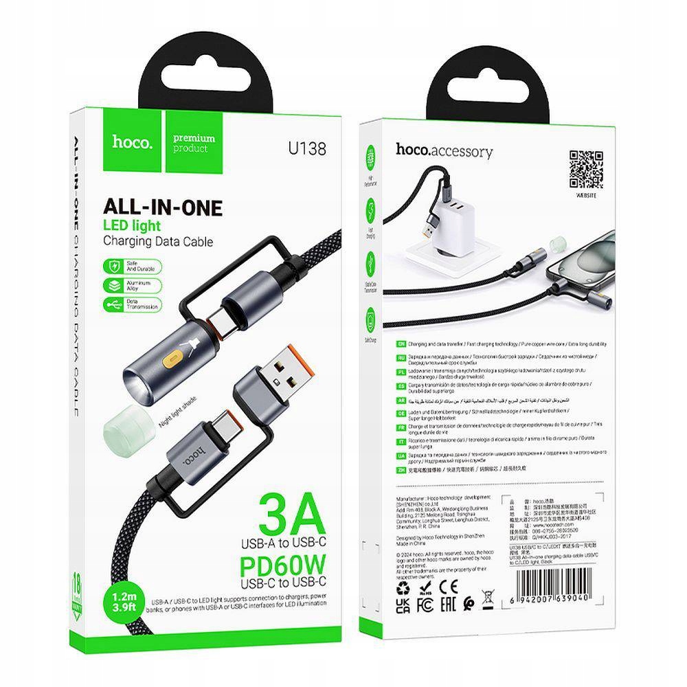 Hoco Kabel All-In-One Usb A Typ C Do Typ C Led Light 3A 60W U138 1,2 M