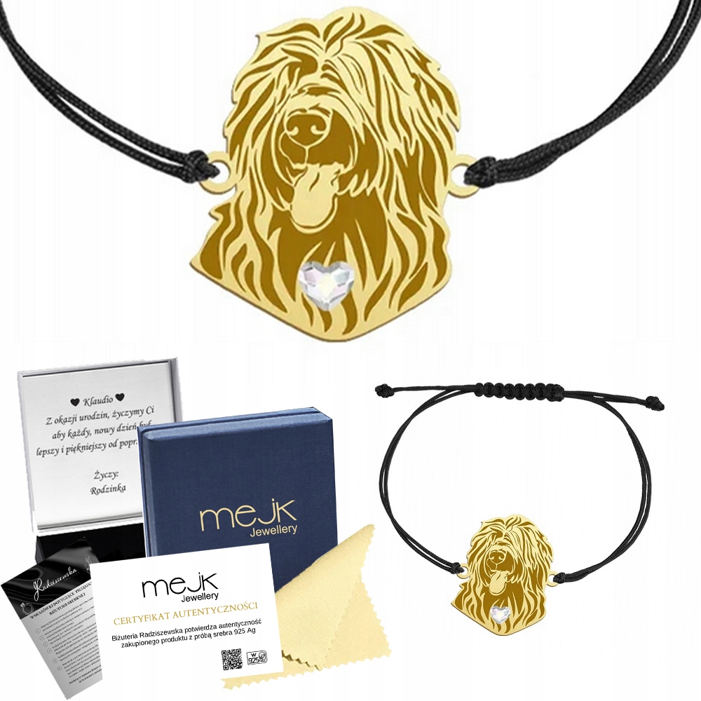 Zlatý náramek s psem Francouzský ovčák Briard 925 Dárek Gravírování