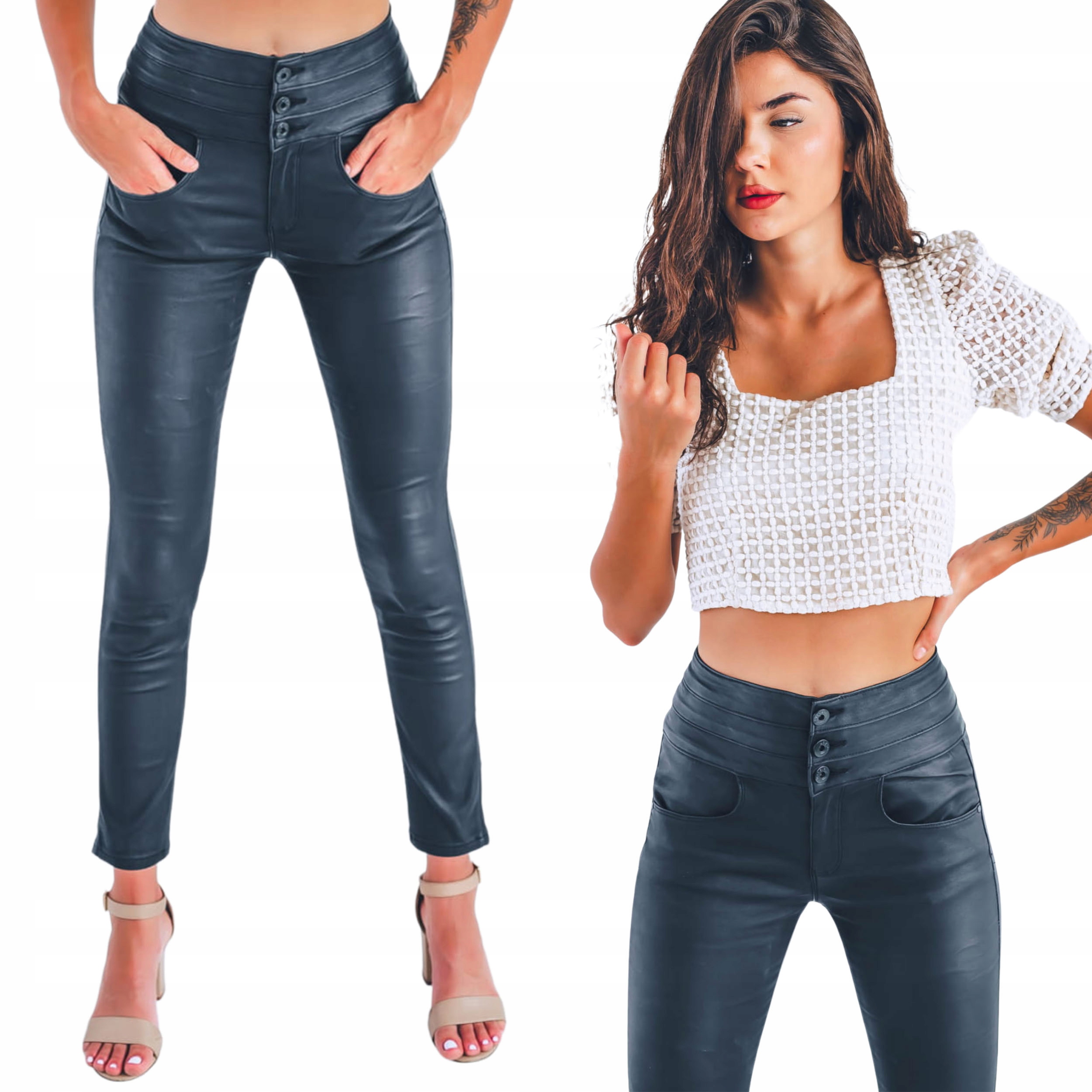 Černé voskované dámské kalhoty s vysokým pasem, velikost Xs