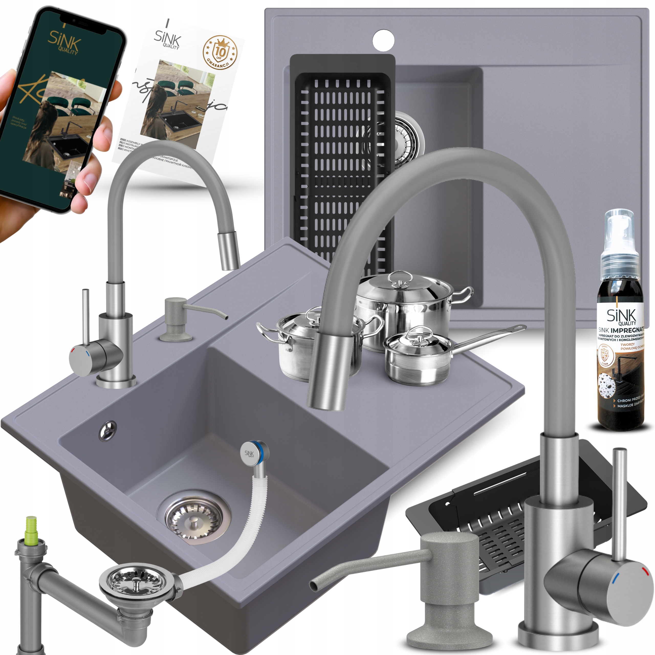 Granitový Drez S Dávkovačom na tekutinu S Kuchynskou Batériou, sivý, 10v1