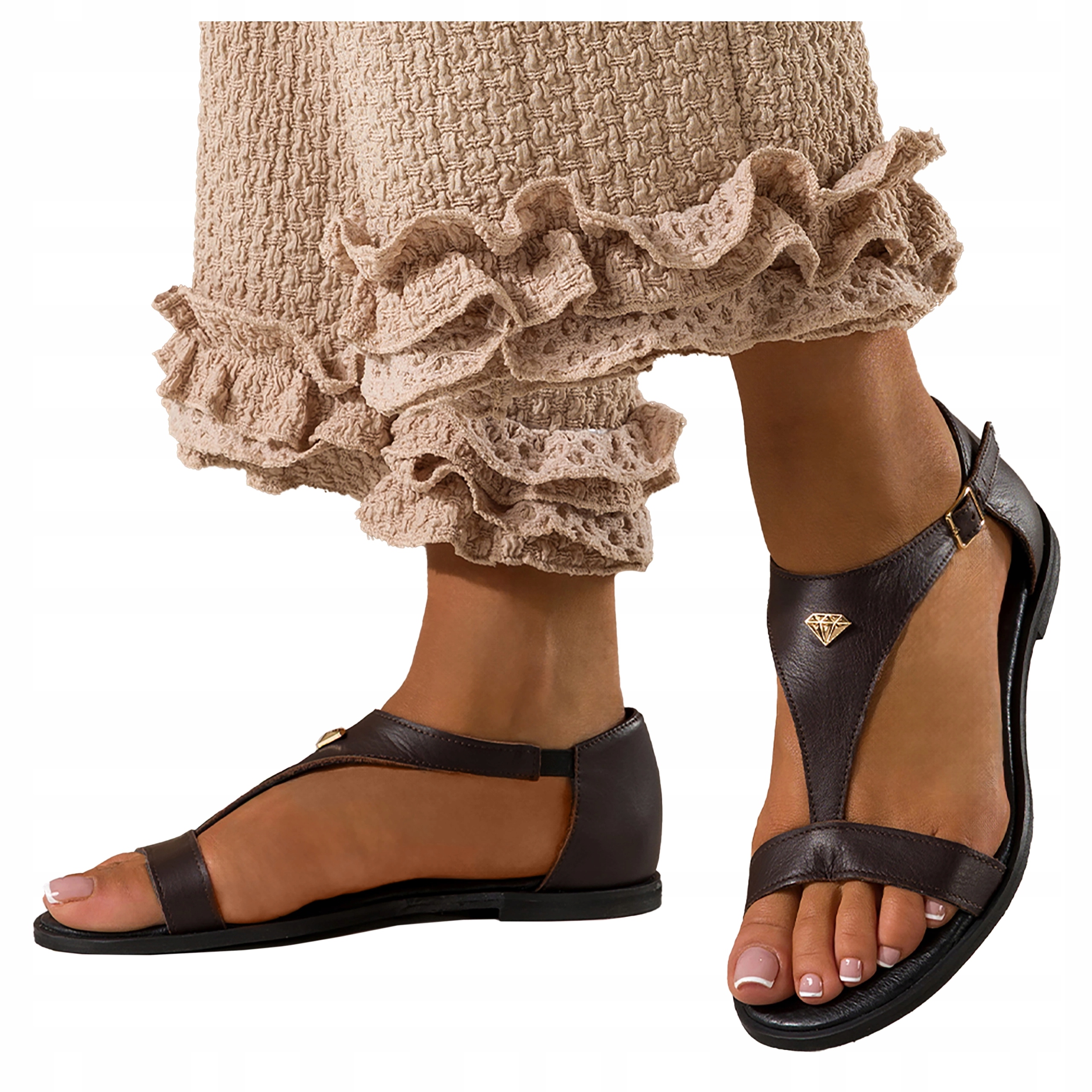 Kožené Čokoládové Sandály Dámské Ploché Pohodlné Polský Výrobek r 39