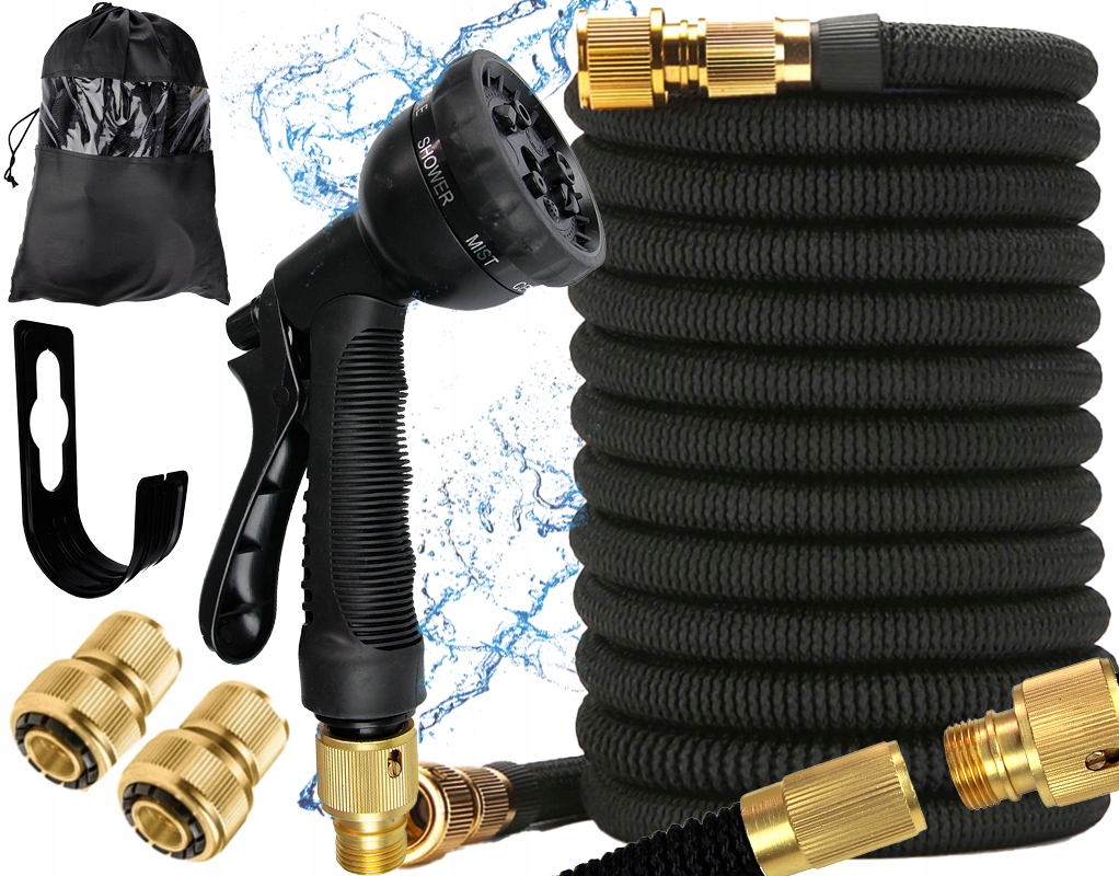 ZESTAW MOCNY WĄŻ OGRODOWY ROZCIĄGLIWY ELASTYCZNY 15m ZŁĄCZKI + PISTOLET