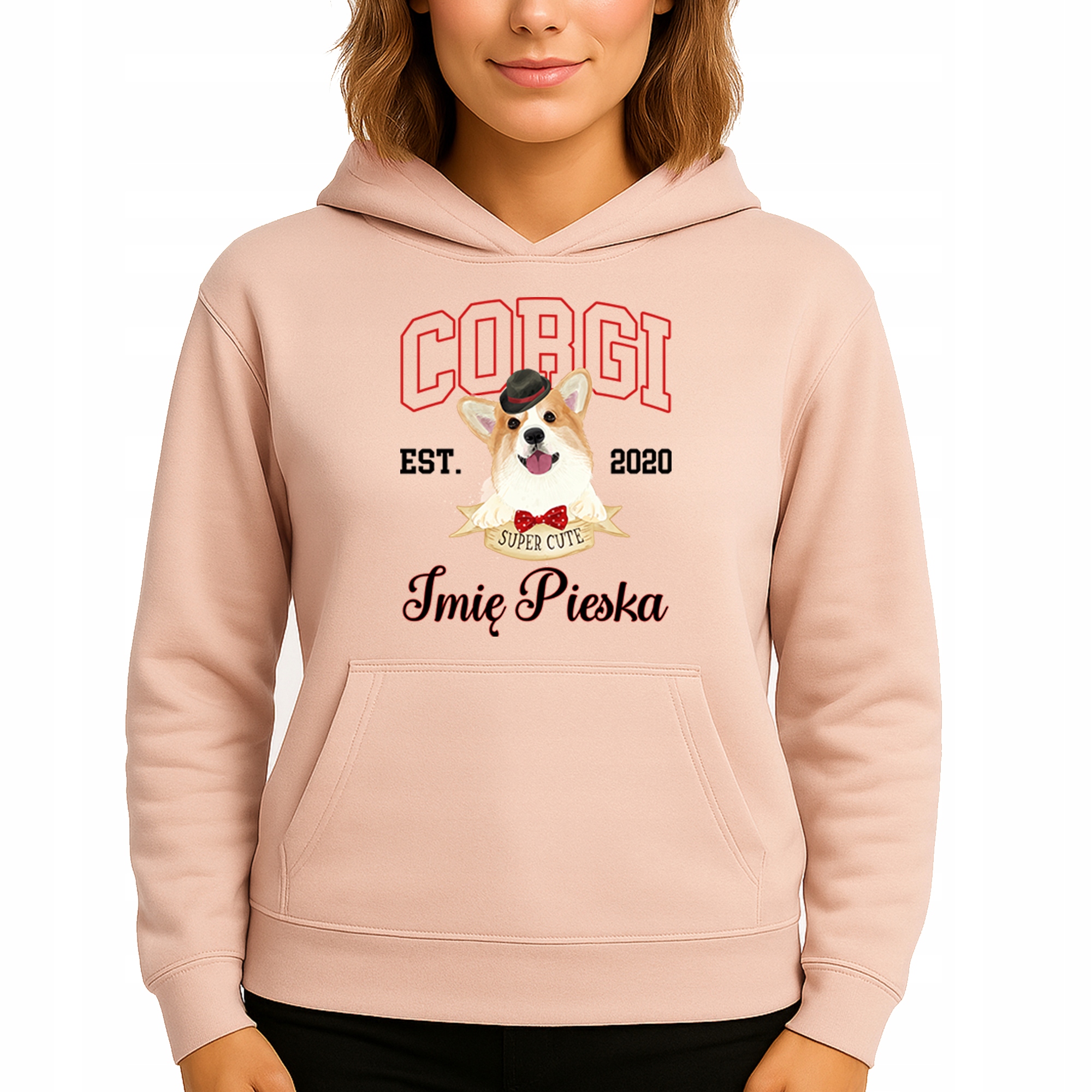 Mikina S Kapucí Broskvová s kapucí Bavlněná Corgi Jméno Pejska Vel S
