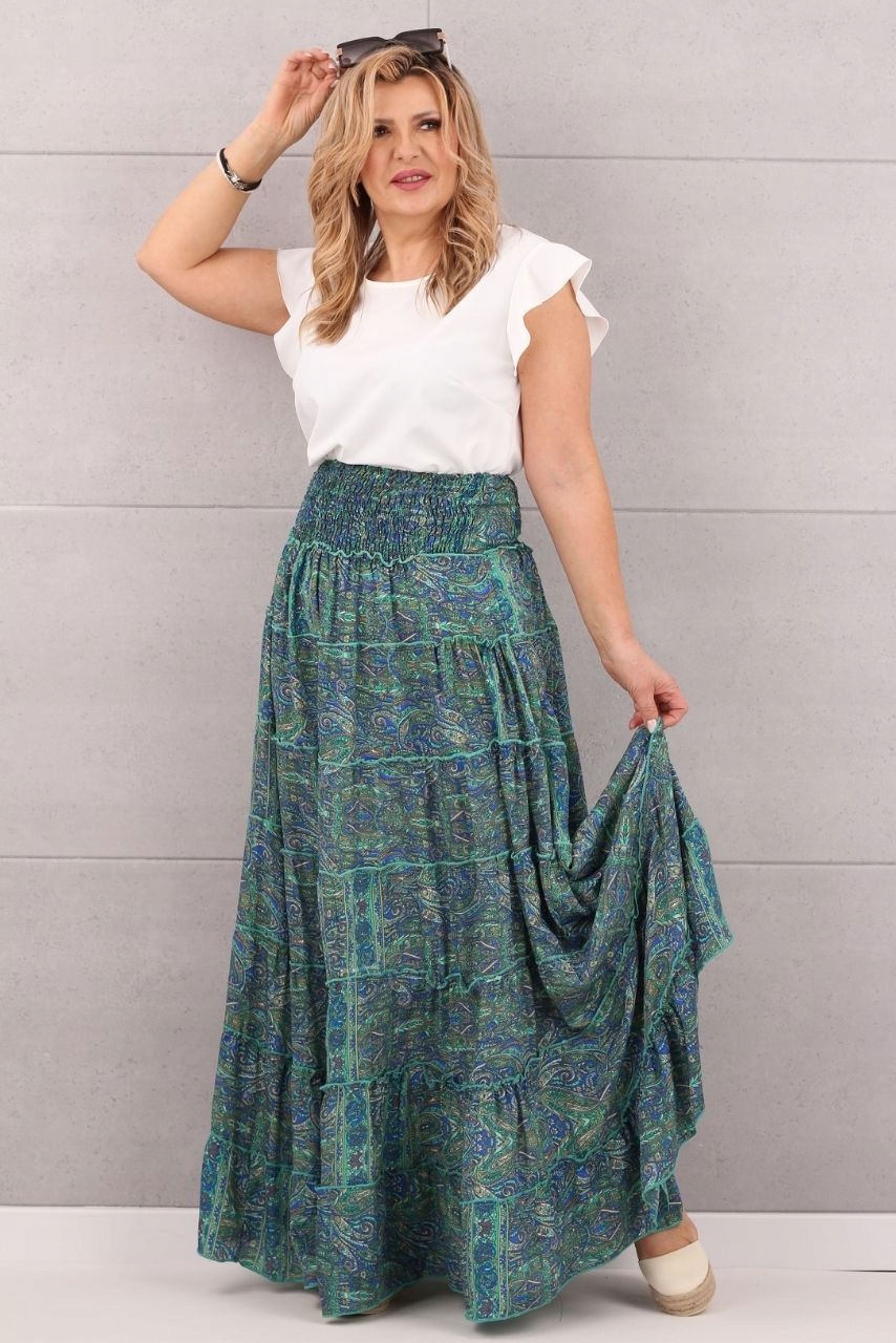 ZWIEWNA SPÓDNICA NA LATO DŁUGA WYSOKI STAN PLAŻOWA ROZMIAR UNIWERSALNY Wzór dominujący mix wzorów