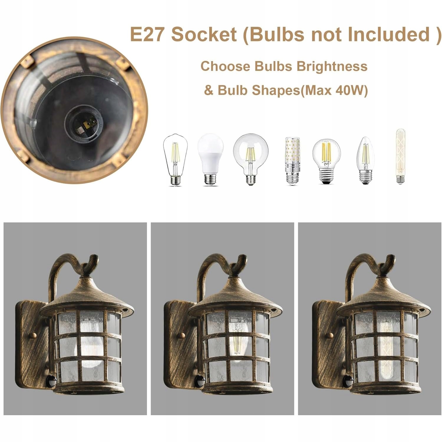SUZNIU Lampa Zewnętrzna z Czujnikiem Ruchu Vintage E27 Bez Żarówki — miniatura 5