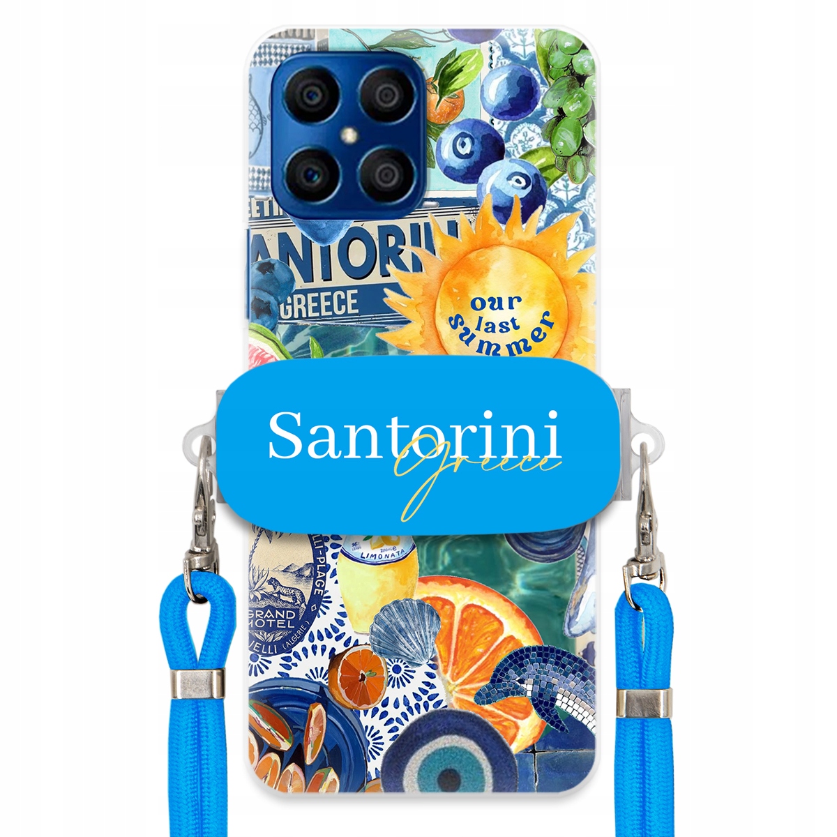 Pouzdro pro Huawei Honor X8 Modré Crossbody vodítko Držák Santorini Greece