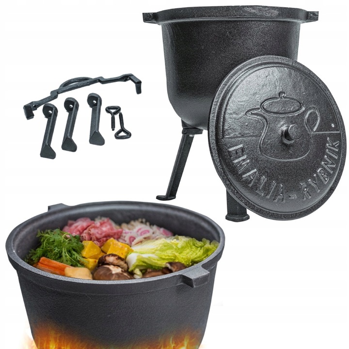 Litinový Kotlík Lovecký Hrnec 8 l na Maďarské Ohnisko Stojící Držák